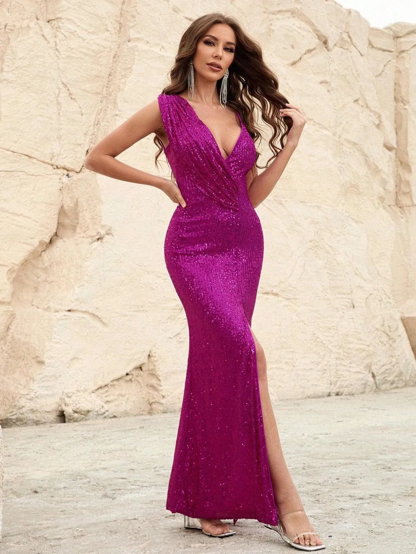 Asymmetrical Neck Split Thigh Sequin Party Dress