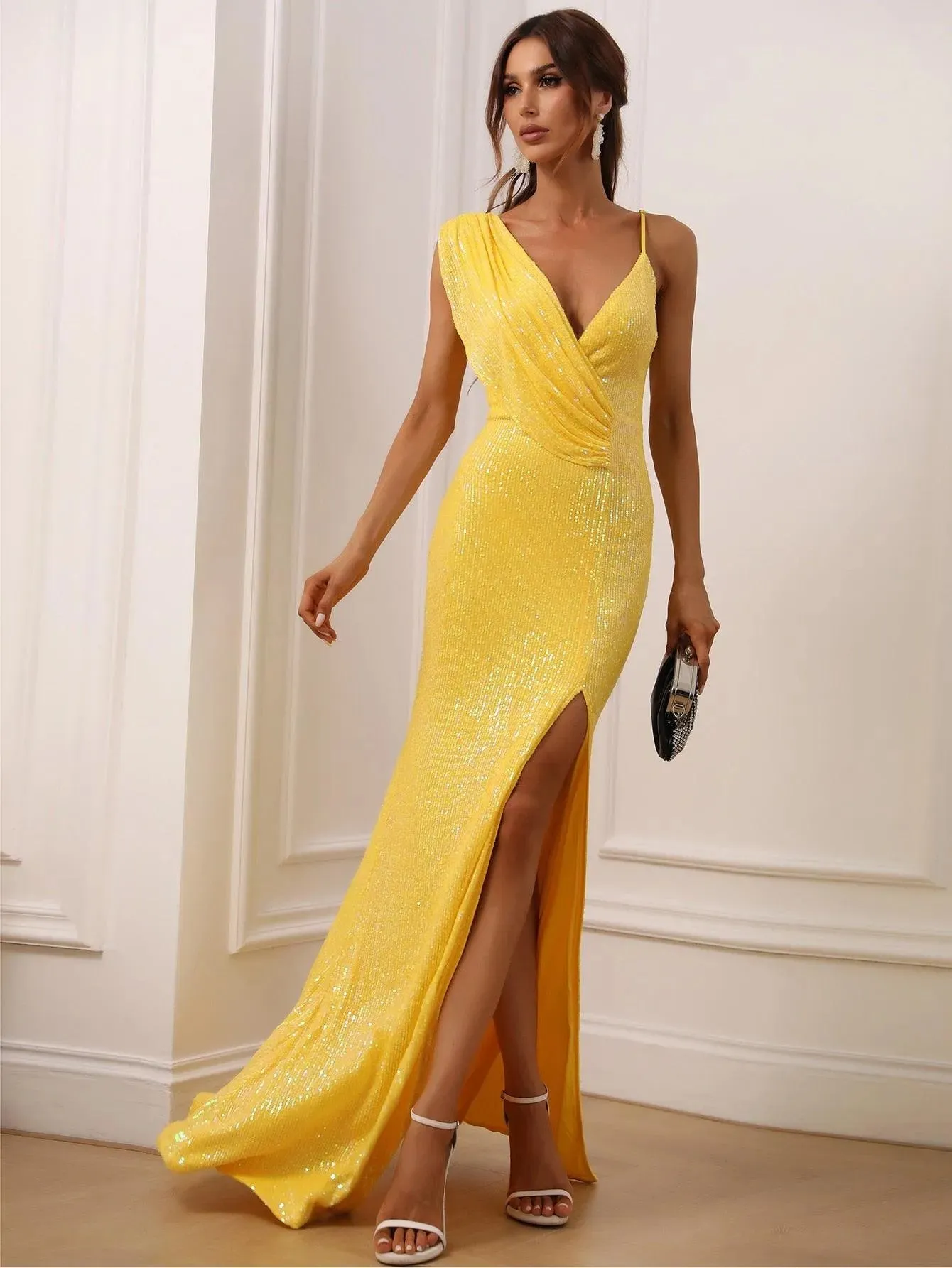 Asymmetrical Neck Split Thigh Sequin Party Dress