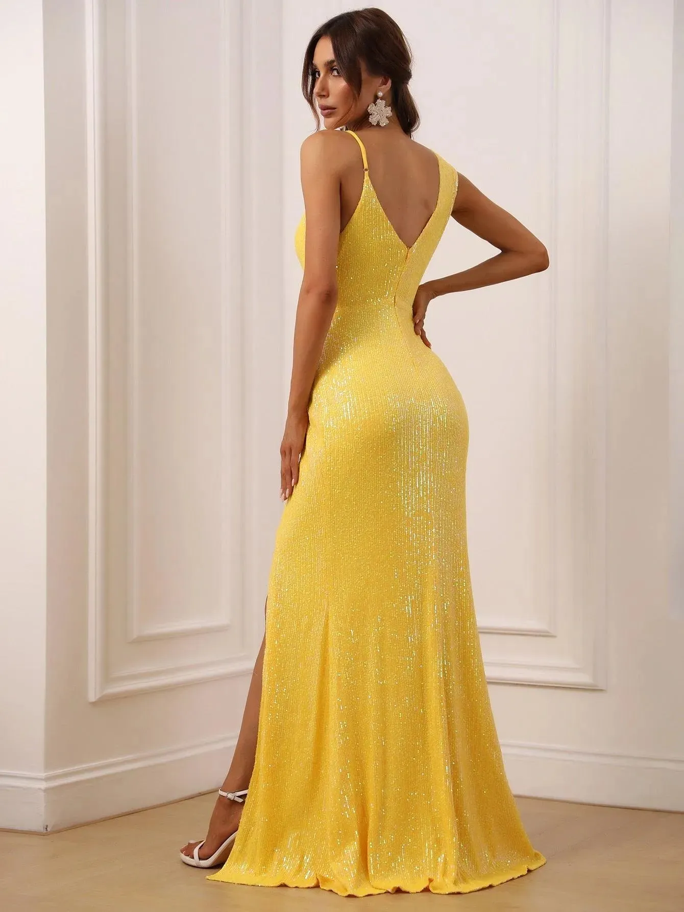 Asymmetrical Neck Split Thigh Sequin Party Dress