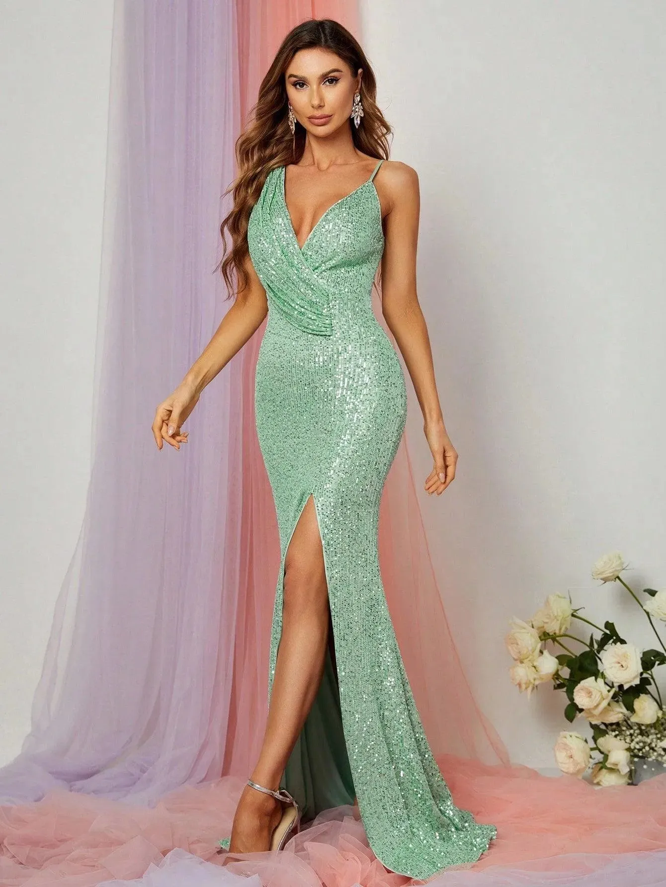 Asymmetrical Neck Split Thigh Sequin Party Dress