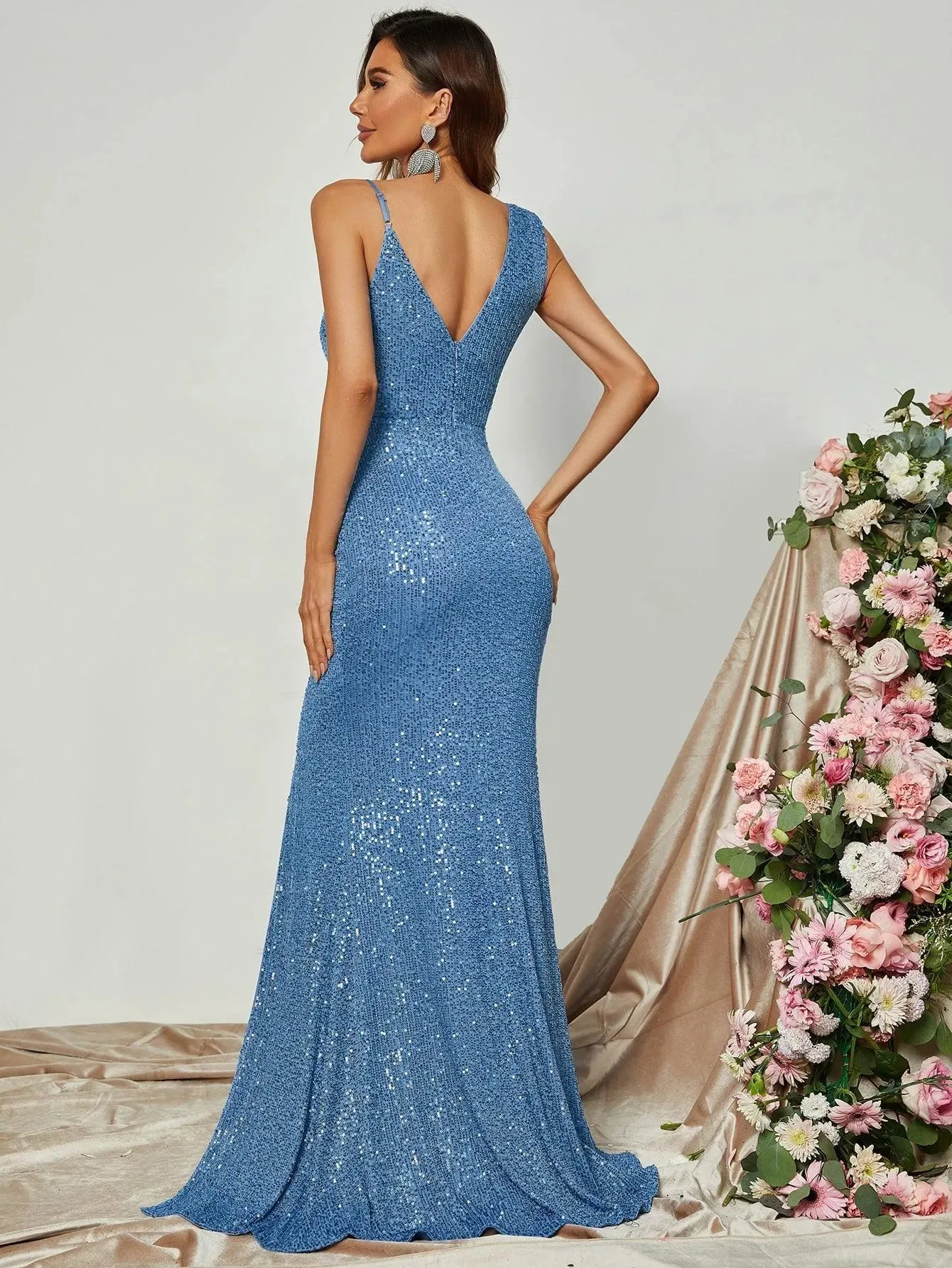 Asymmetrical Neck Split Thigh Sequin Party Dress