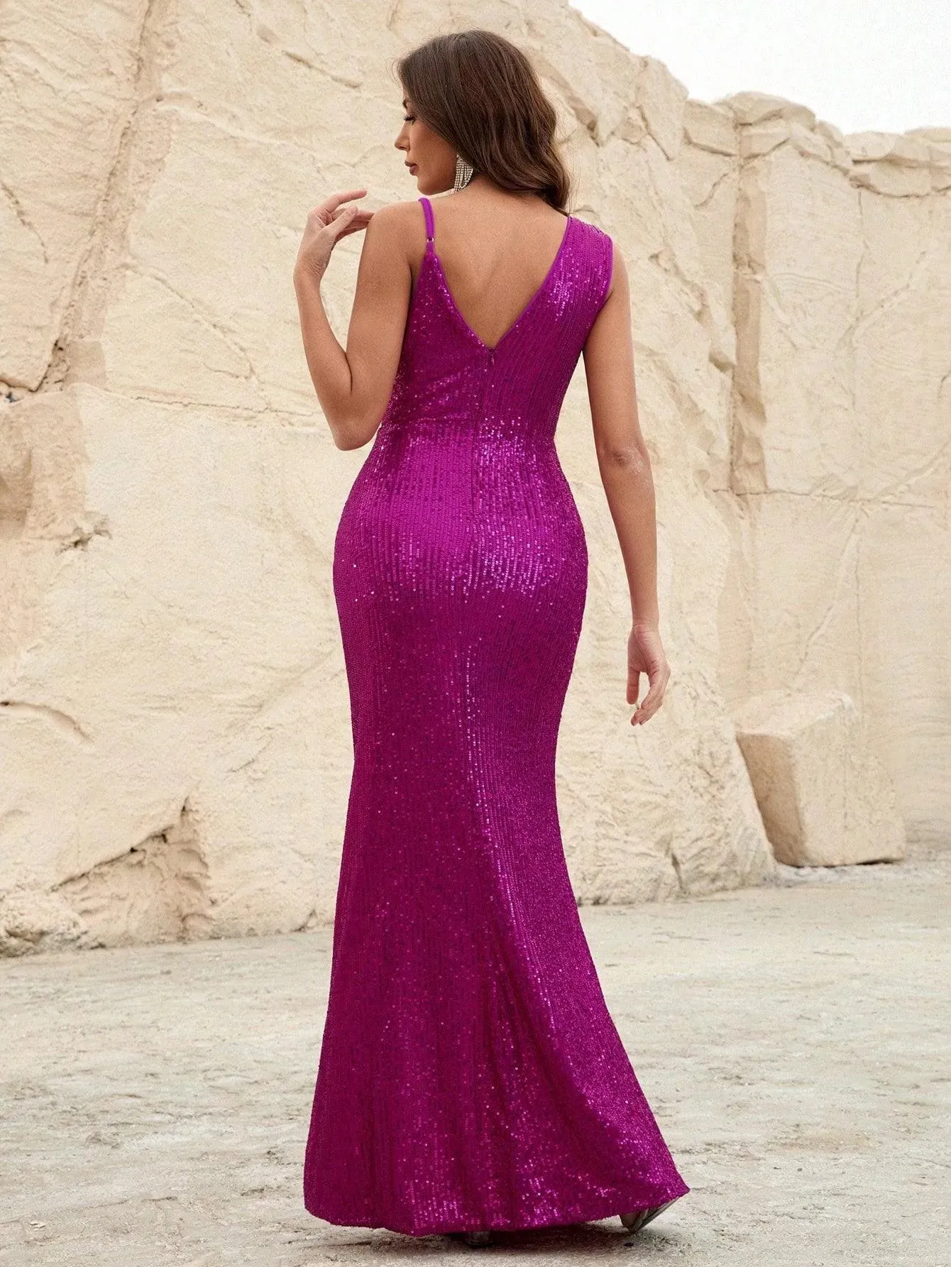 Asymmetrical Neck Split Thigh Sequin Party Dress