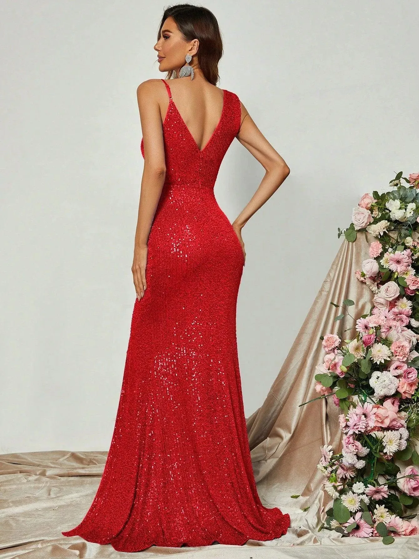 Asymmetrical Neck Split Thigh Sequin Party Dress