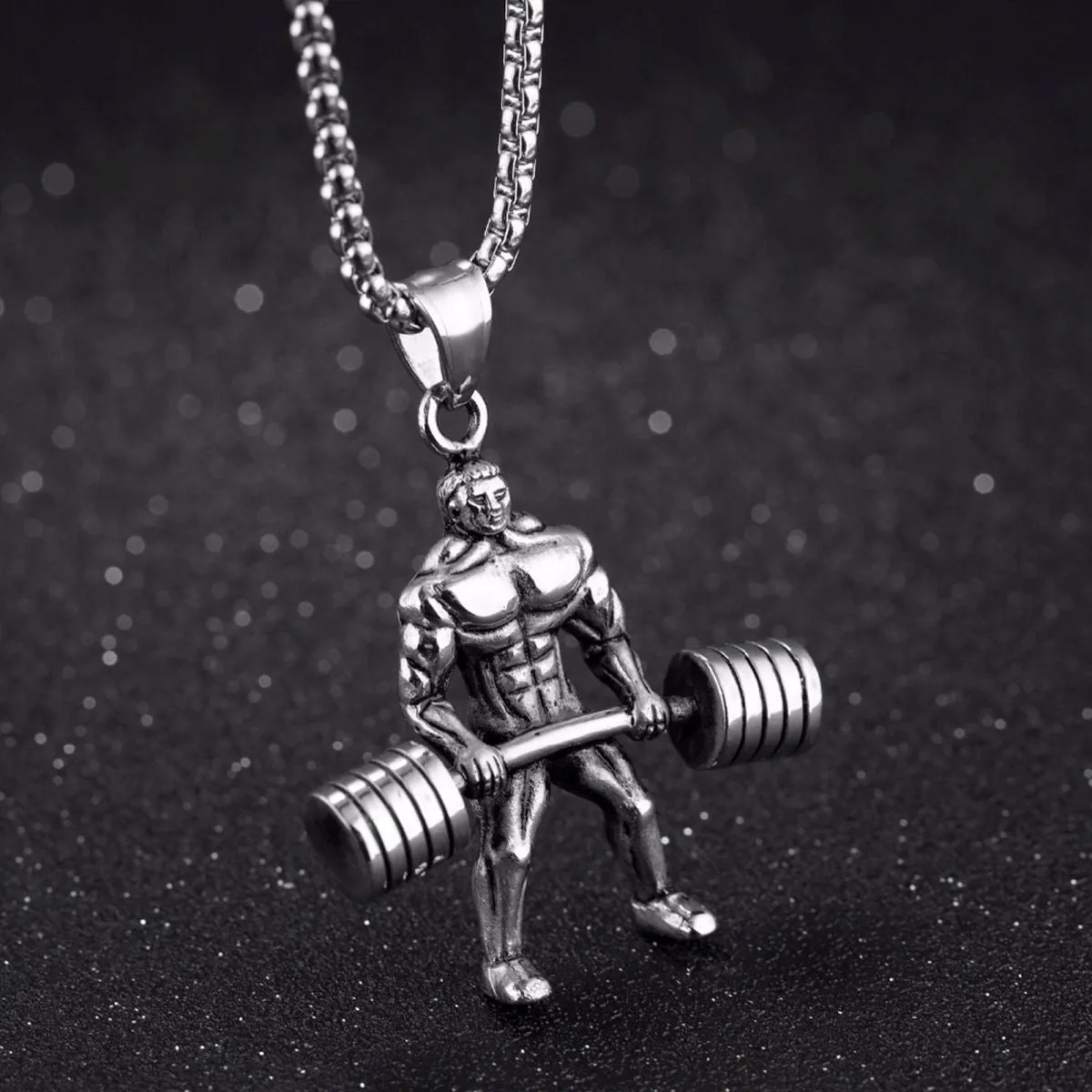 Barbell Dumbell Body Builder Weight Lifter Silver Stainless Steel Pendant Chain