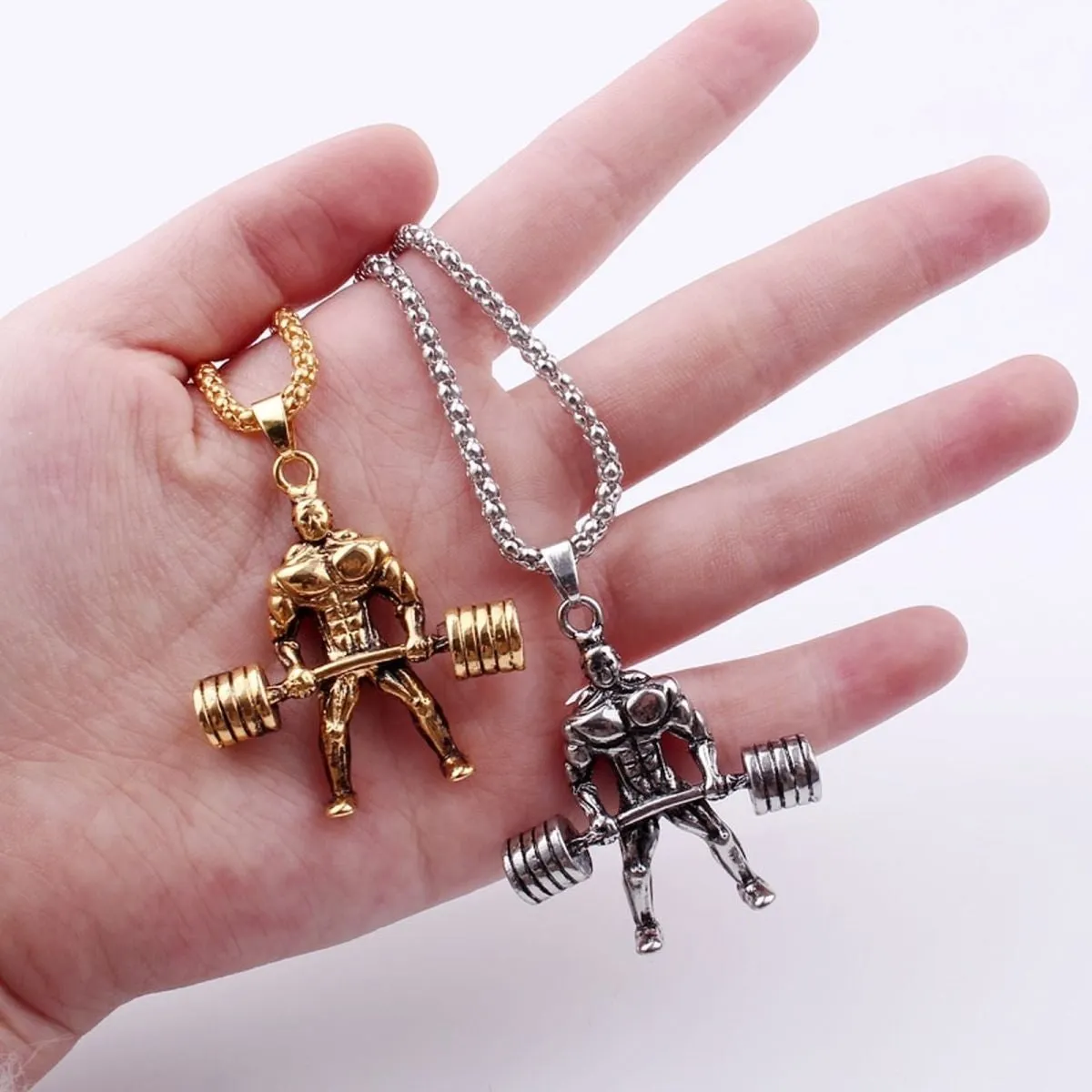 Barbell Dumbell Body Builder Weight Lifter Silver Stainless Steel Pendant Chain