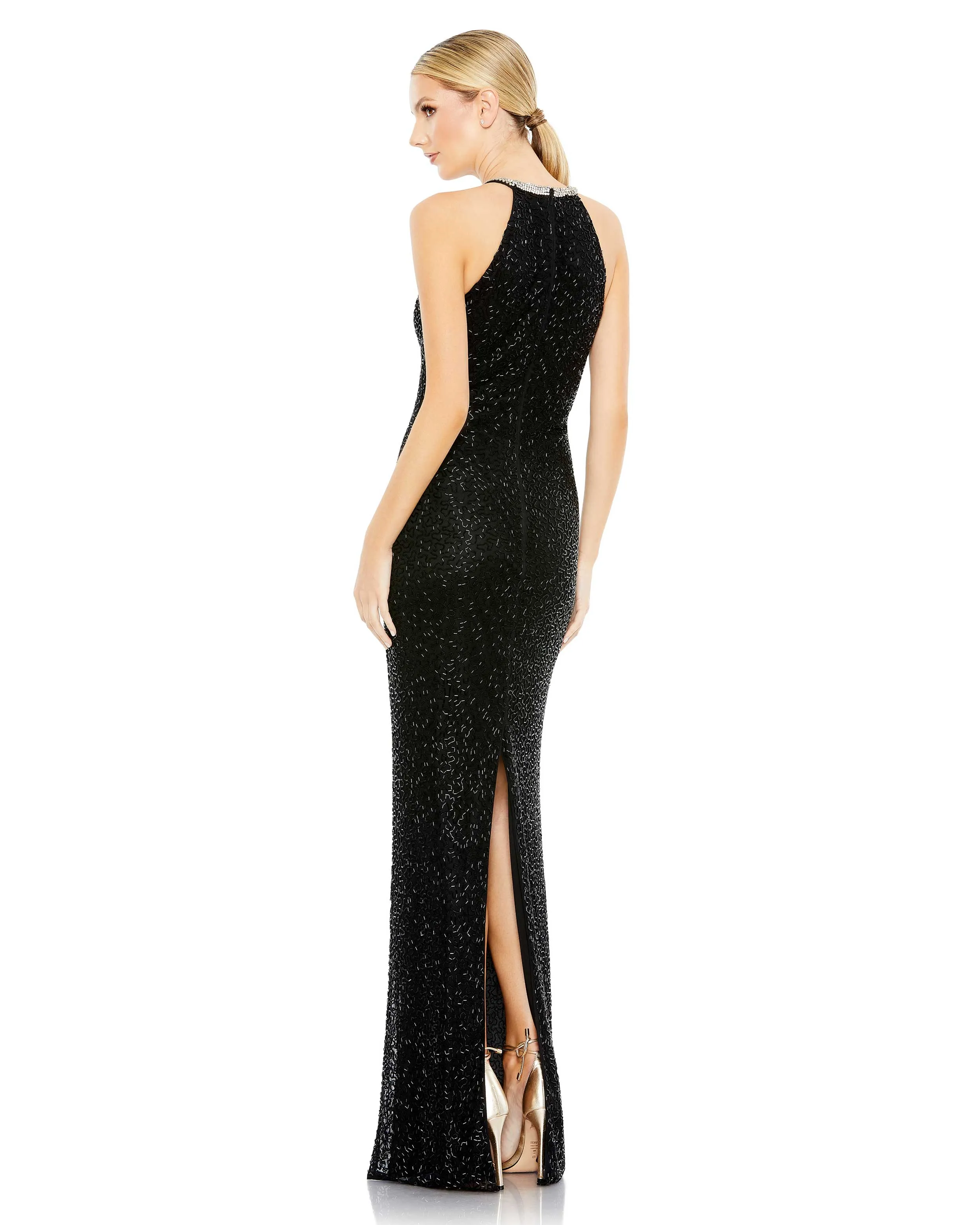 Beaded Sleeveless High Neck Column Gown
