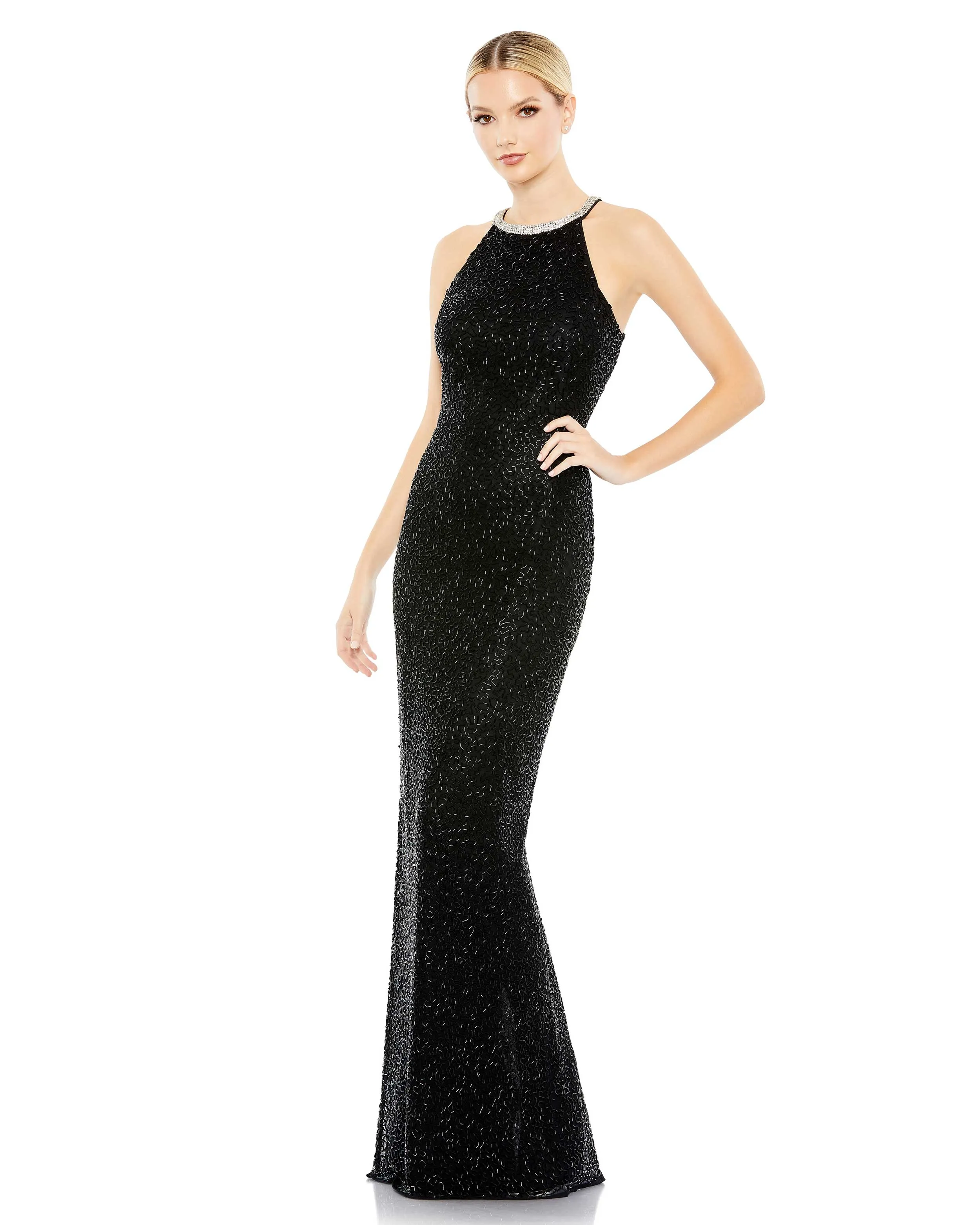 Beaded Sleeveless High Neck Column Gown