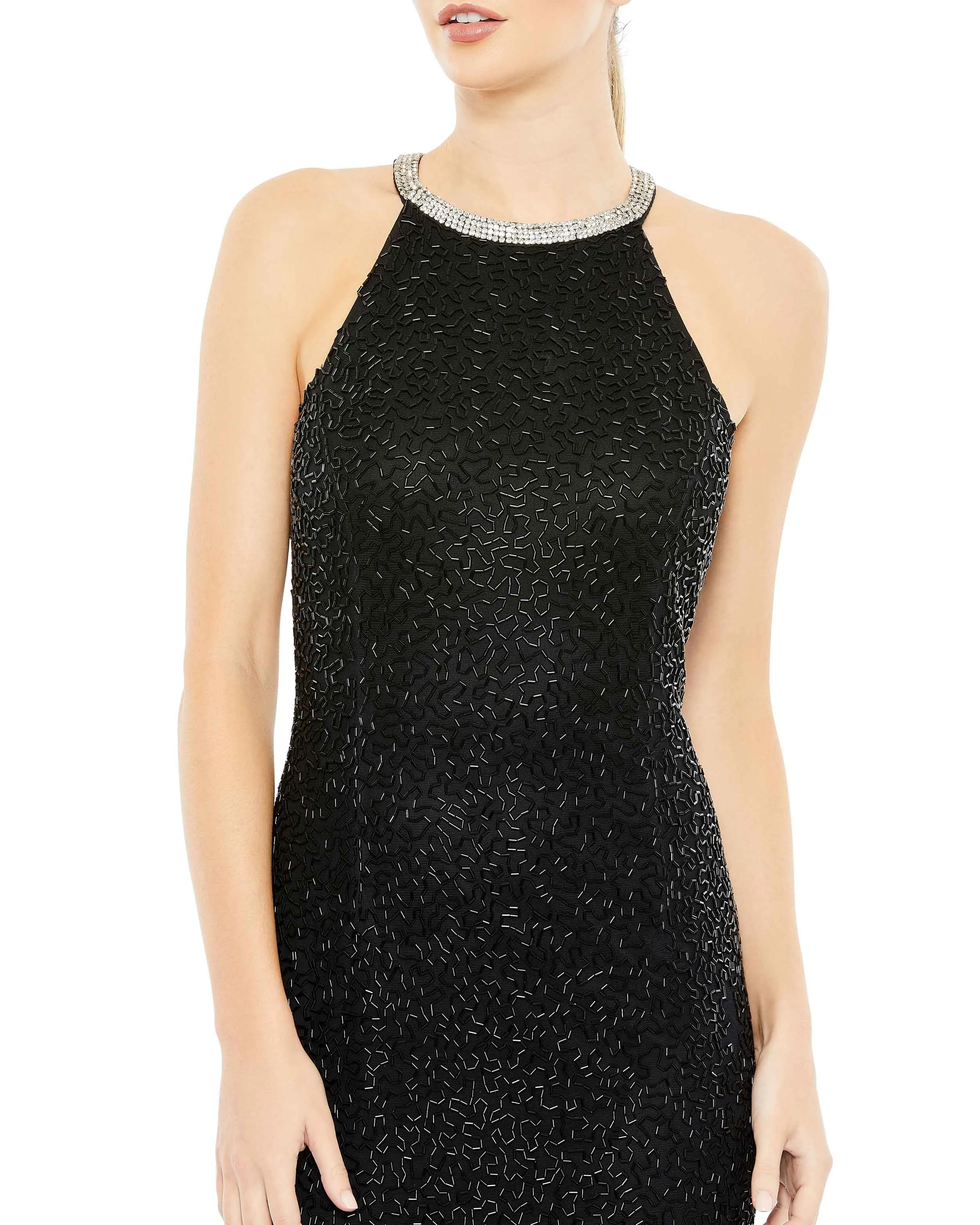 Beaded Sleeveless High Neck Column Gown