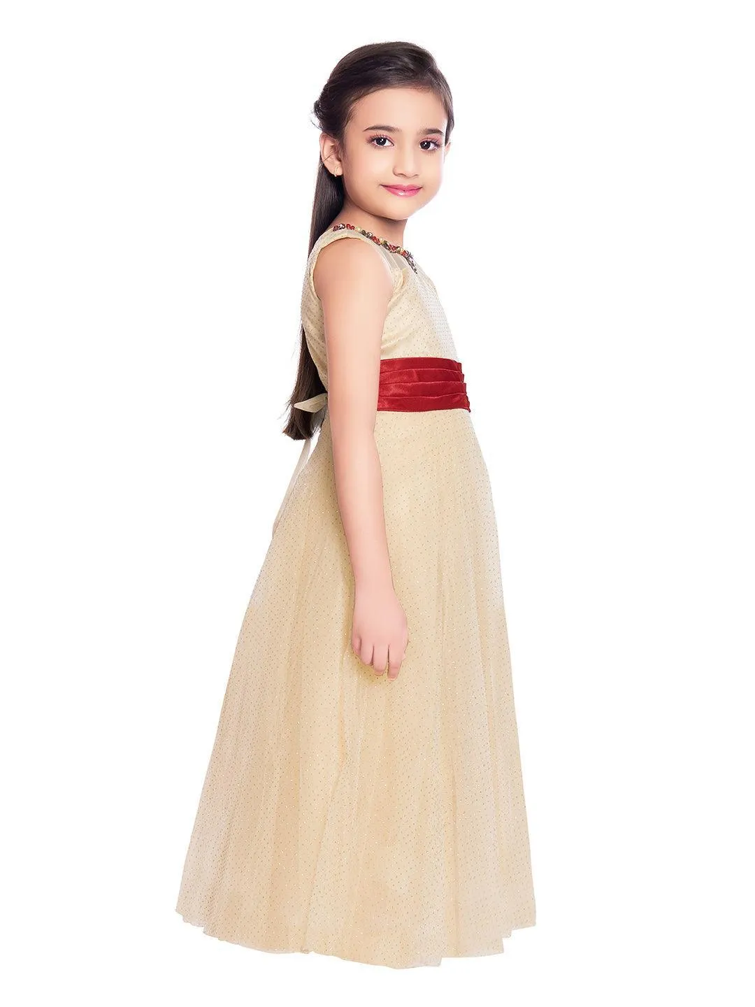 Beige Coloured Embellished Simple Gown For Girls