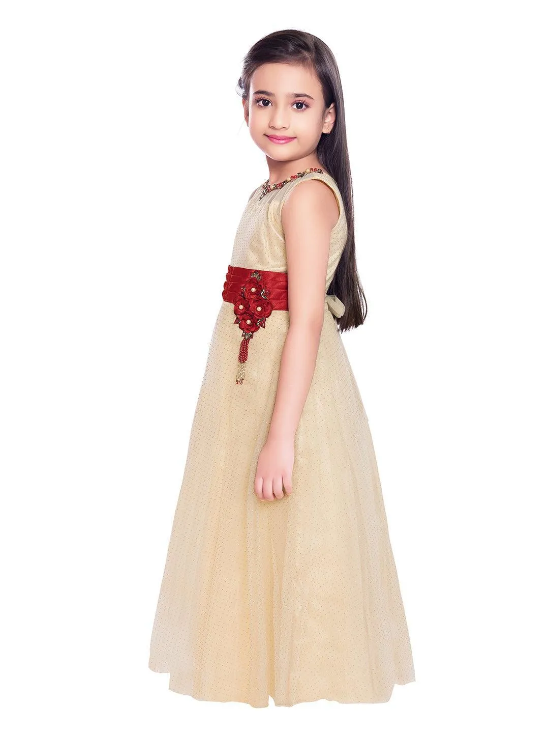 Beige Coloured Embellished Simple Gown For Girls