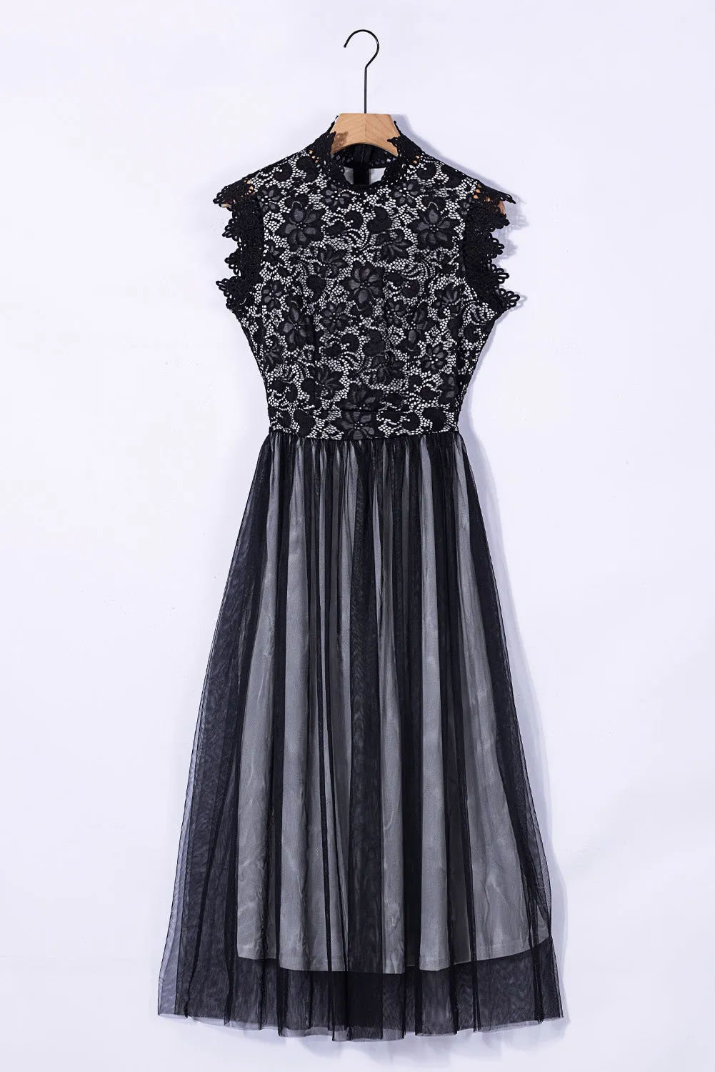Black High Neck Lace Party Maxi Dress
