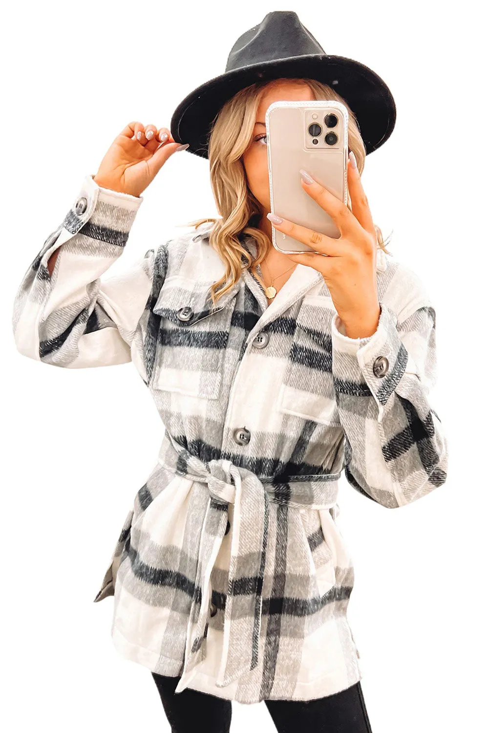 Black Plaid Button-Up Flap Pocket Belted Jacket