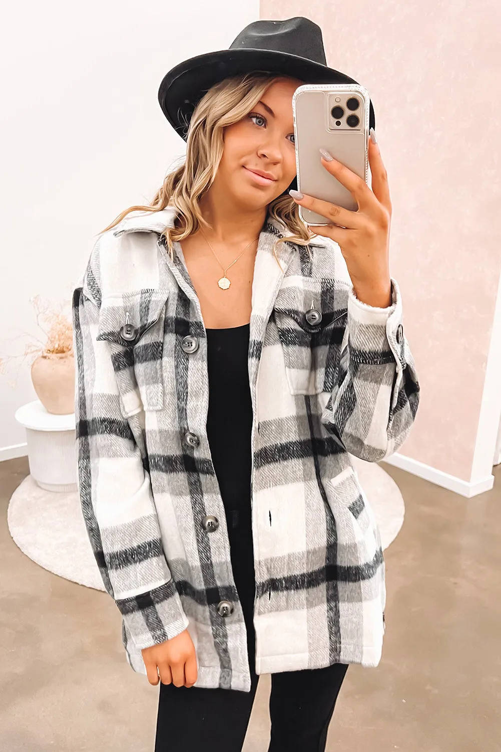 Black Plaid Button-Up Flap Pocket Belted Jacket