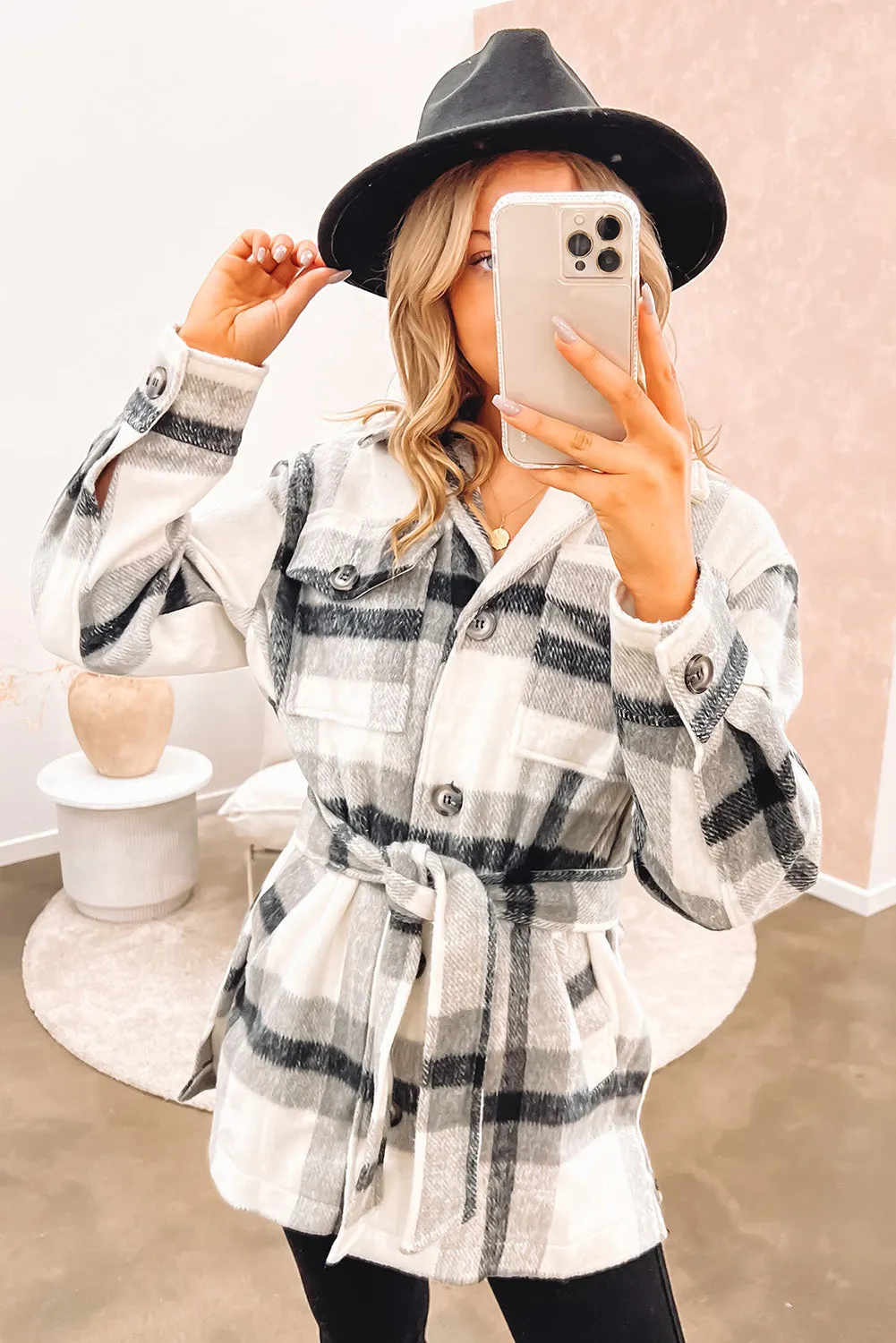 Black Plaid Button-Up Flap Pocket Belted Jacket