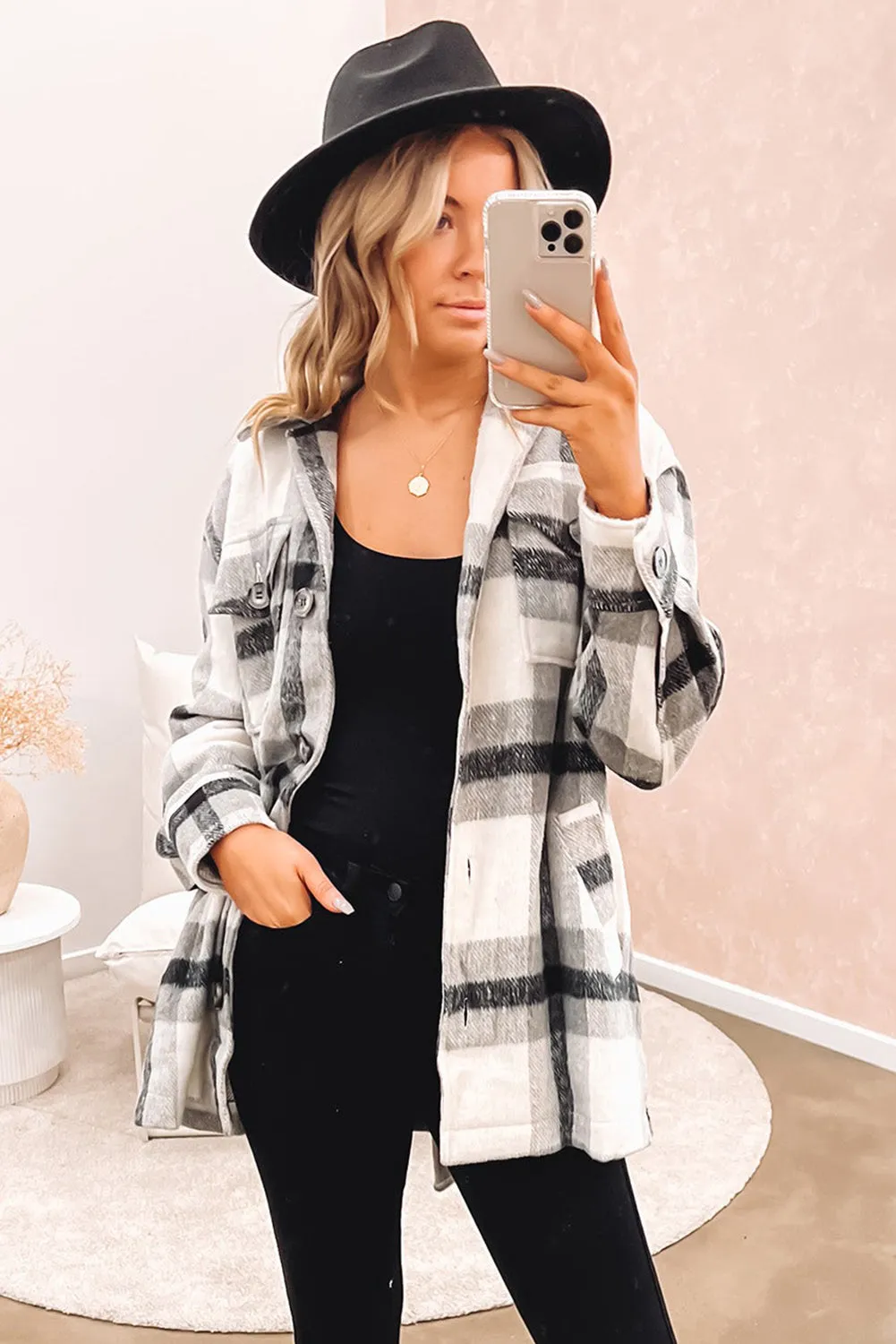 Black Plaid Button-Up Flap Pocket Belted Jacket