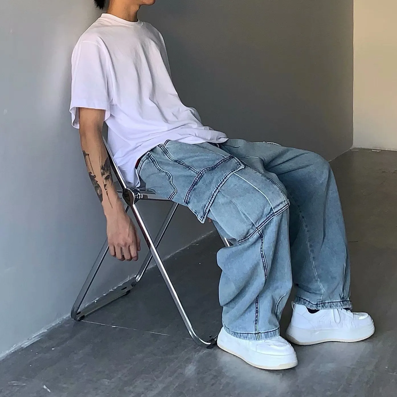 Bonsir 90s fashion men INS Japanese Style Street Retro Draping Loose Wide Leg Casual Large Pocket Workwear Denim Washed Dad Pants Men and Women