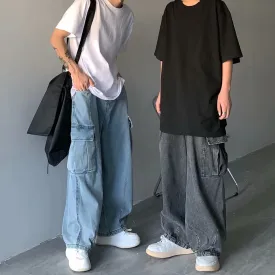 Bonsir 90s fashion men INS Japanese Style Street Retro Draping Loose Wide Leg Casual Large Pocket Workwear Denim Washed Dad Pants Men and Women