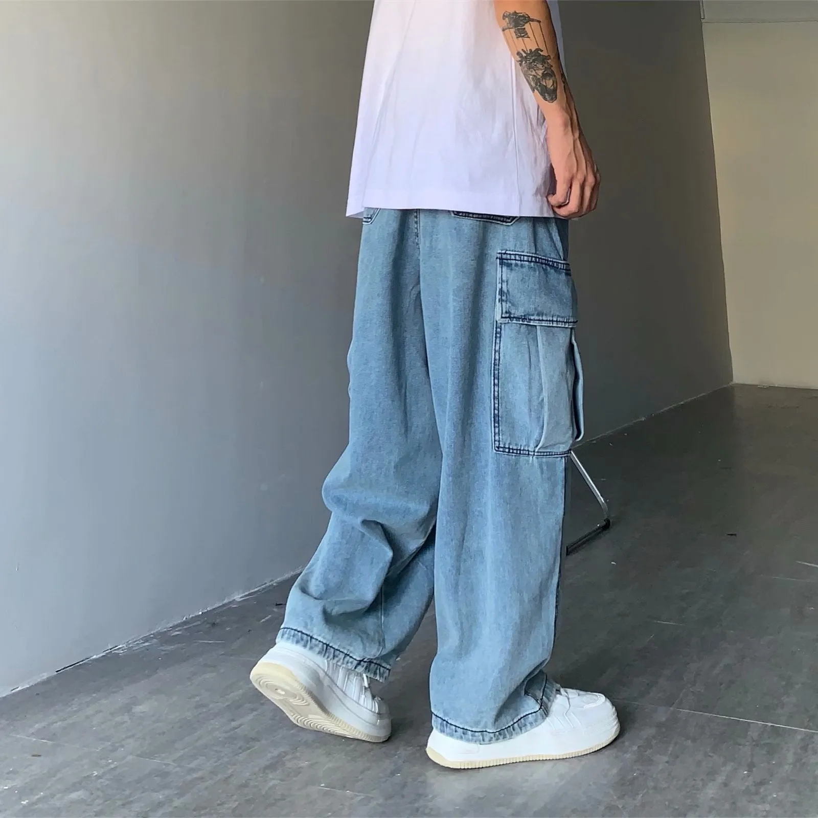 Bonsir 90s fashion men INS Japanese Style Street Retro Draping Loose Wide Leg Casual Large Pocket Workwear Denim Washed Dad Pants Men and Women
