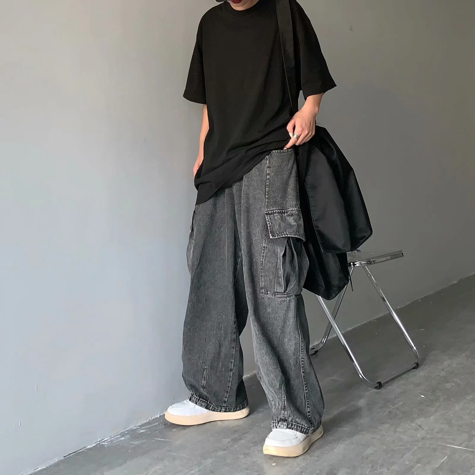 Bonsir 90s fashion men INS Japanese Style Street Retro Draping Loose Wide Leg Casual Large Pocket Workwear Denim Washed Dad Pants Men and Women