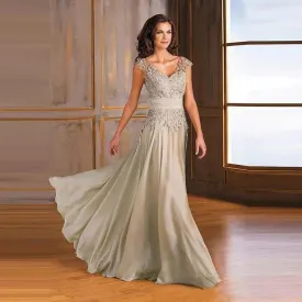 Champagne Chiffon Silk Mother of the Bride Dress with Cap Sleeves - Formal Wedding Guest & Evening Gown