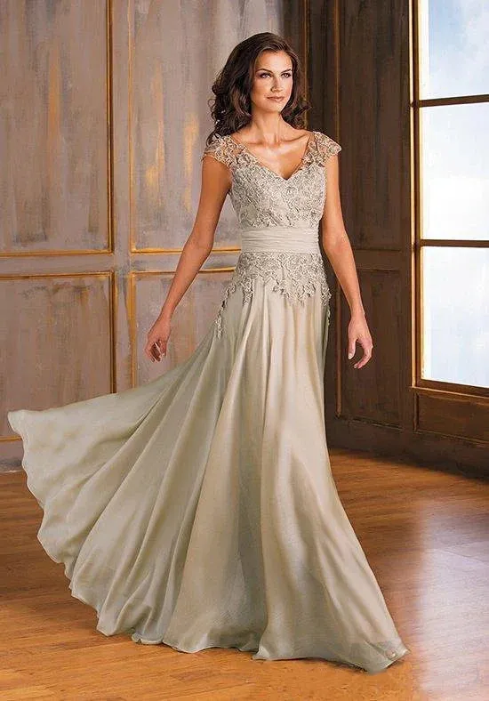 Champagne Chiffon Silk Mother of the Bride Dress with Cap Sleeves - Formal Wedding Guest & Evening Gown