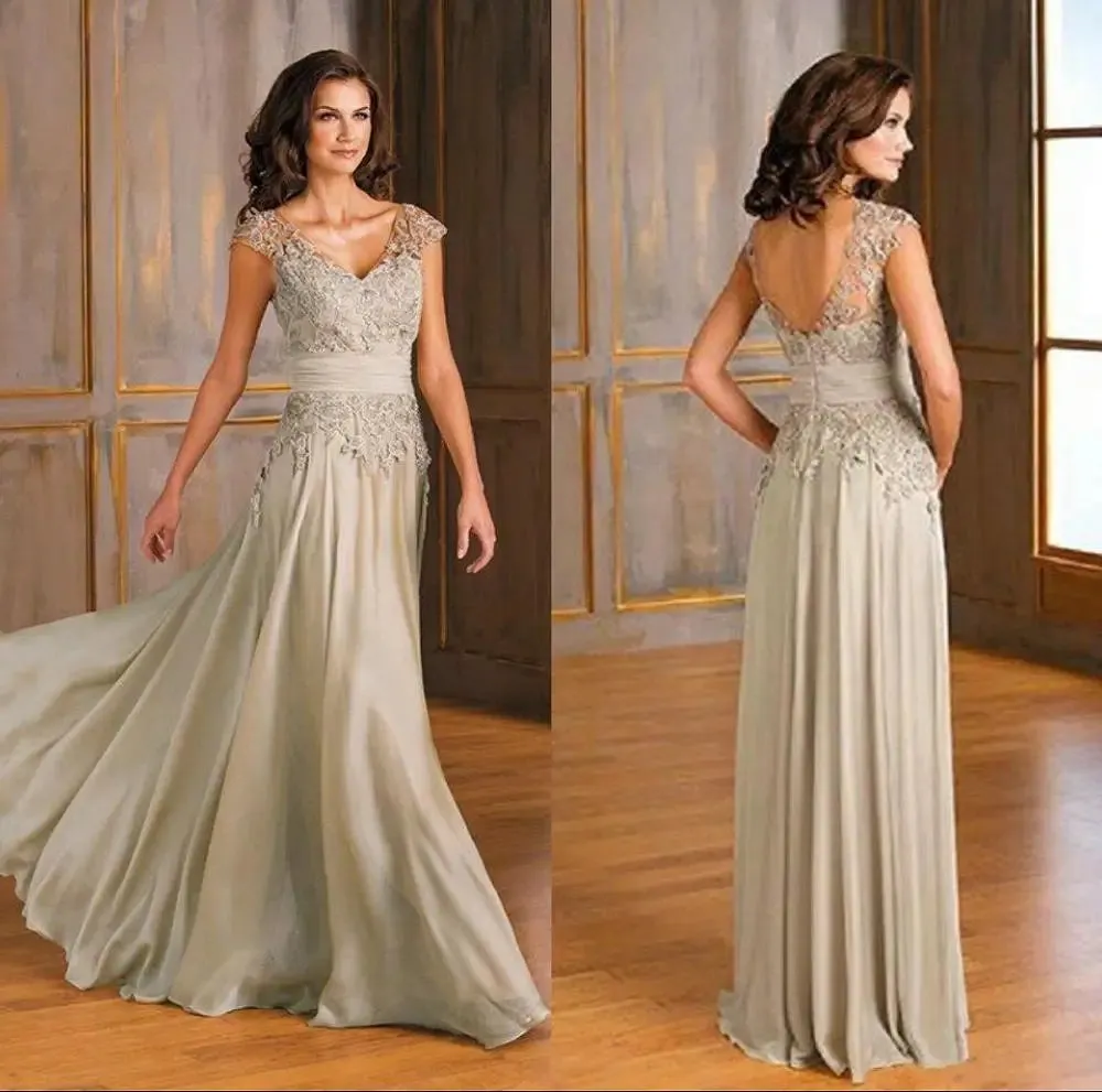Champagne Chiffon Silk Mother of the Bride Dress with Cap Sleeves - Formal Wedding Guest & Evening Gown