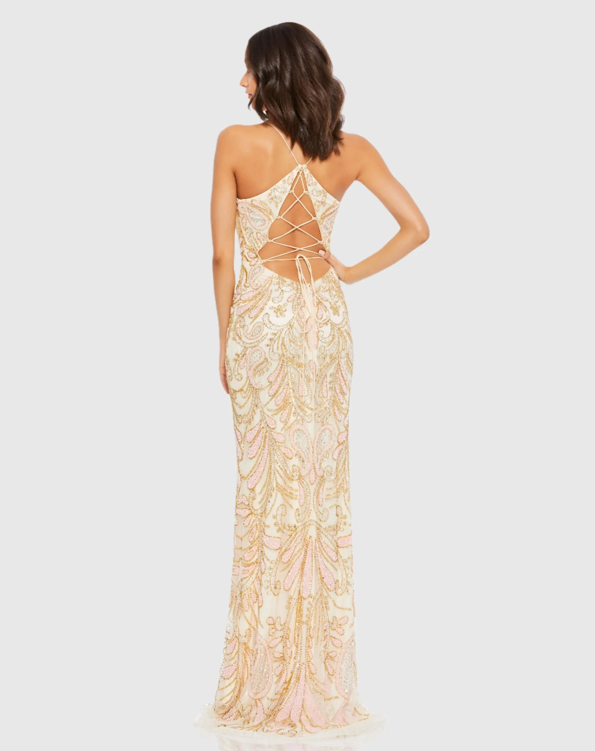 Champagne Strappy Back Beaded Gown