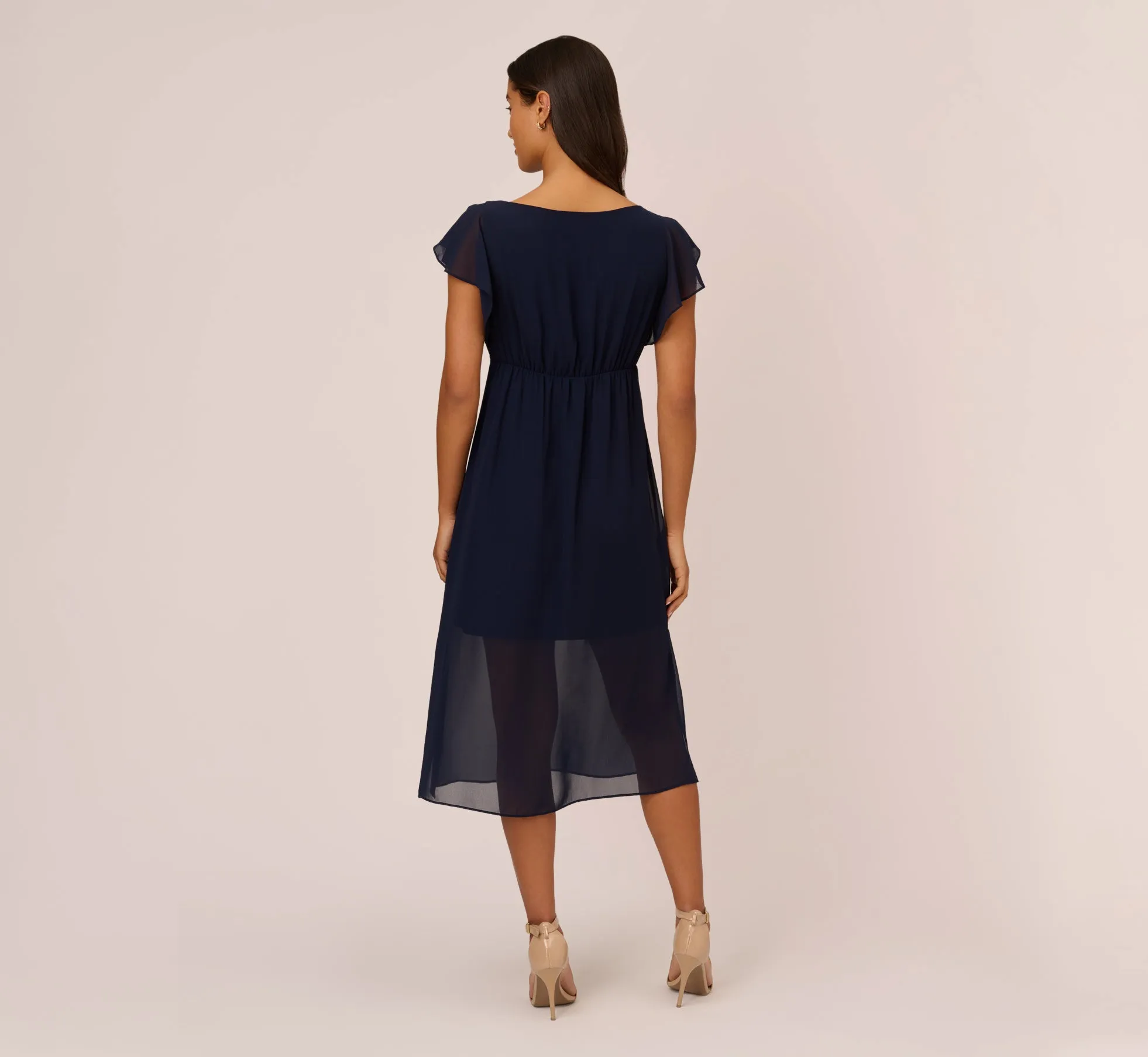Chiffon And Jersey Midi-Length Dress With Side Slits In Navy
