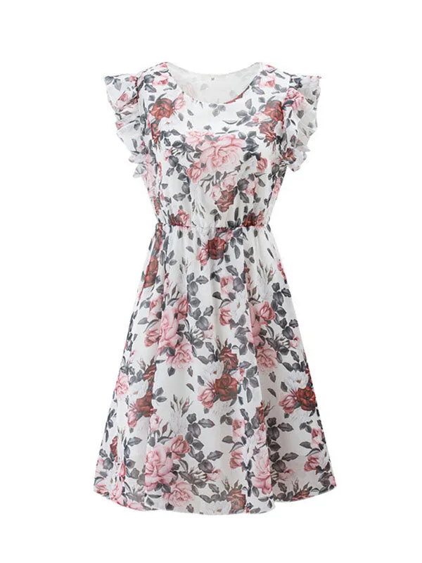 Chiffon Ruffle Sleeve Floral Midi Dress