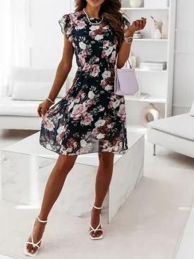 Chiffon Ruffle Sleeve Floral Midi Dress
