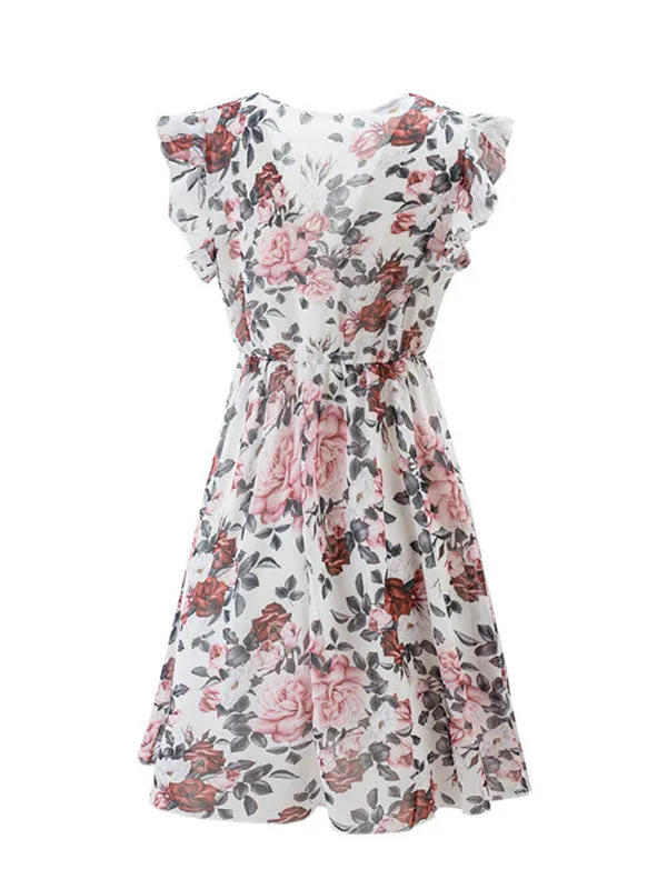 Chiffon Ruffle Sleeve Floral Midi Dress
