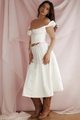 CORA WHITE GATHERED MIDI SKIRT & KITTY WHITE GATHERED TOP SET  - White