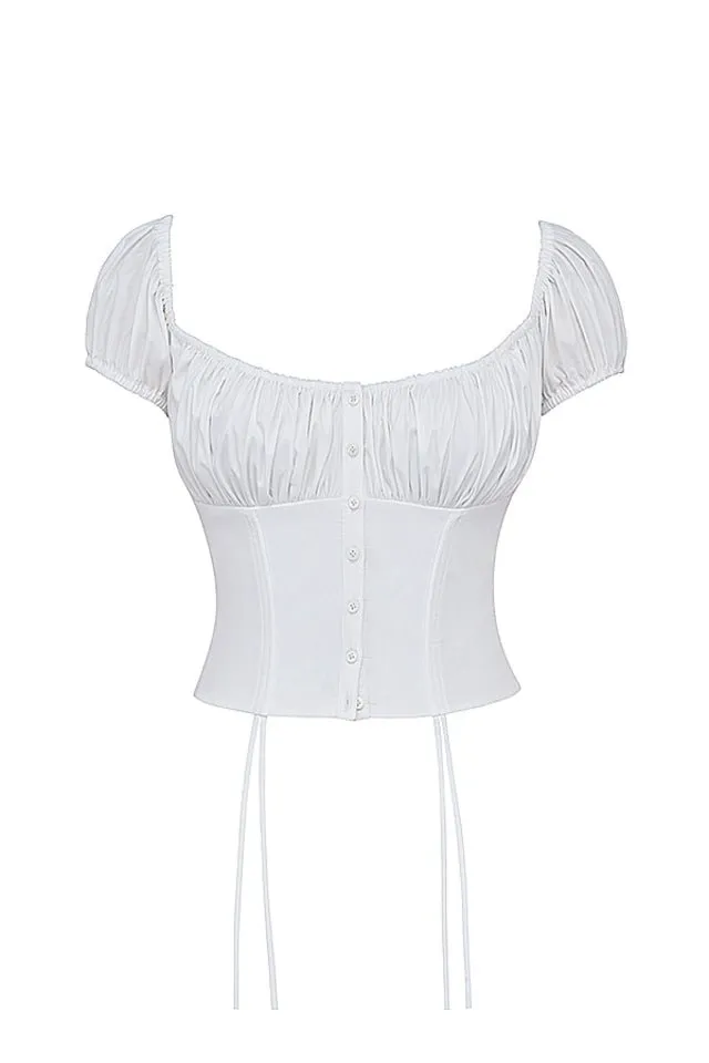 CORA WHITE GATHERED MIDI SKIRT & KITTY WHITE GATHERED TOP SET  - White