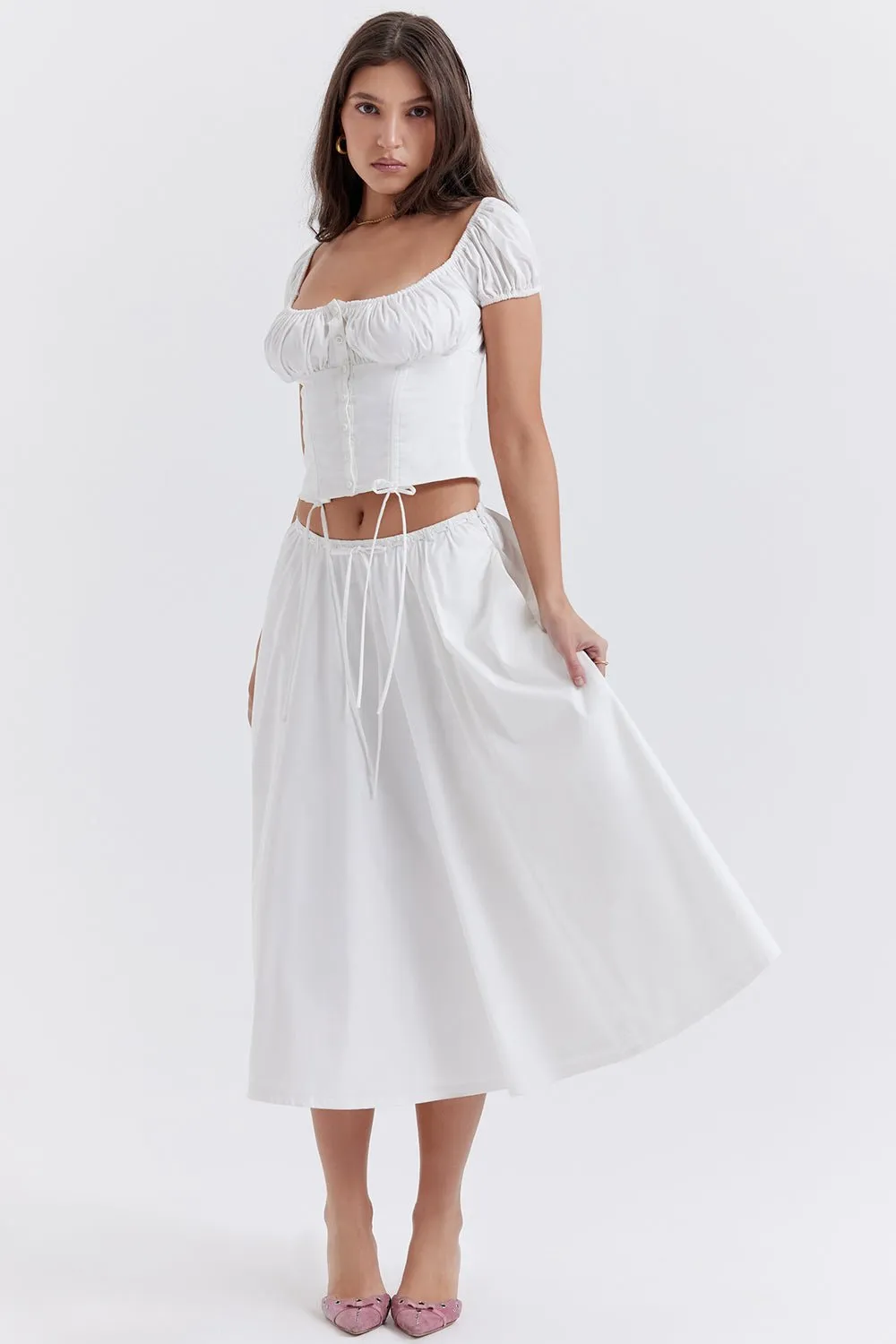 CORA WHITE GATHERED MIDI SKIRT & KITTY WHITE GATHERED TOP SET  - White