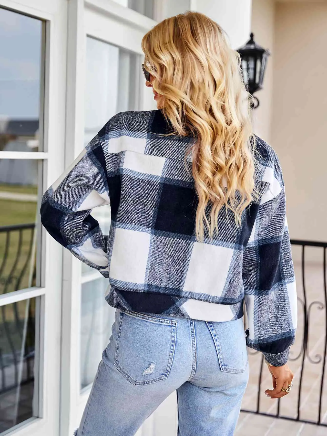 Double Take Plaid Button Front Dropped Shoulder Collared Jacket