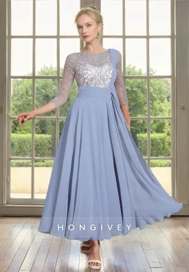 Elegant Chiffon A-Line 3/4 Sleeves Sheer Appliques Mother of the Bride Dress