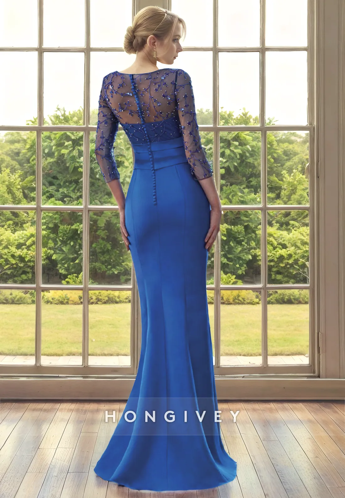 Elegant Scoop 3/4 Sleeves Beaded Appliques Mother of the Bride Dress