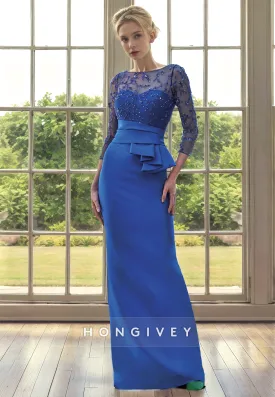 Elegant Scoop 3/4 Sleeves Beaded Appliques Mother of the Bride Dress