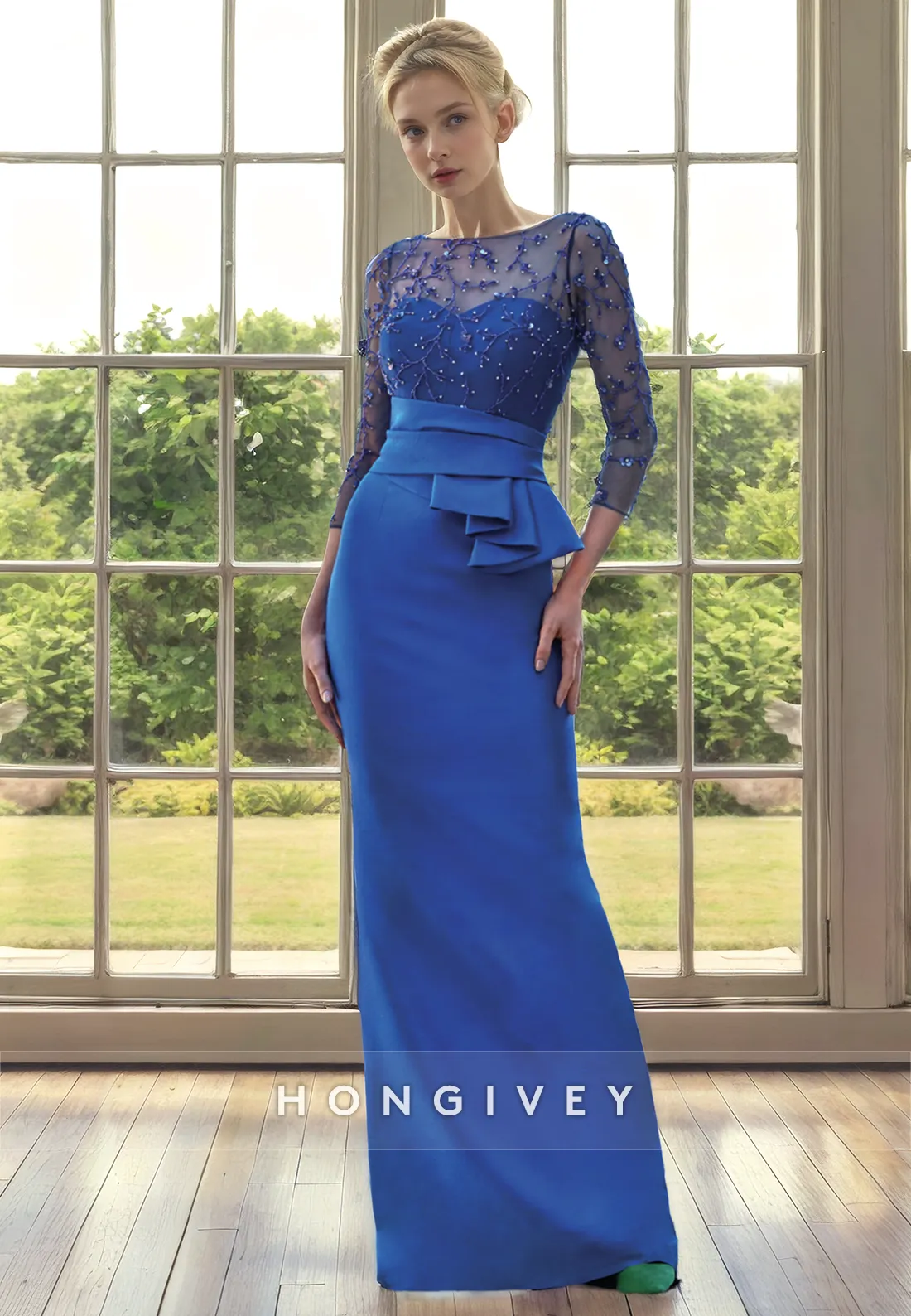 Elegant Scoop 3/4 Sleeves Beaded Appliques Mother of the Bride Dress