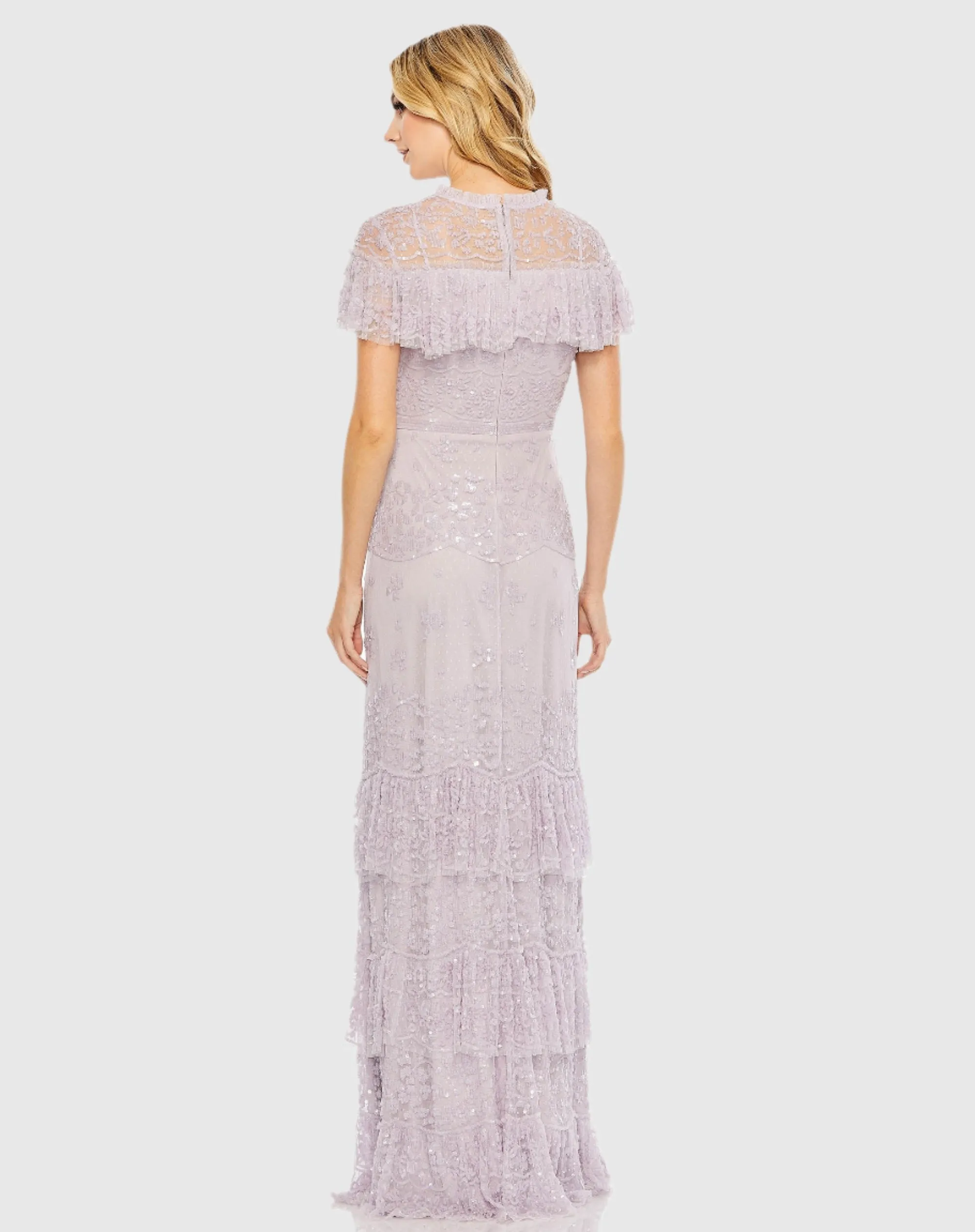 Embellished Cap Sleeve Ruffle Tiered Gown