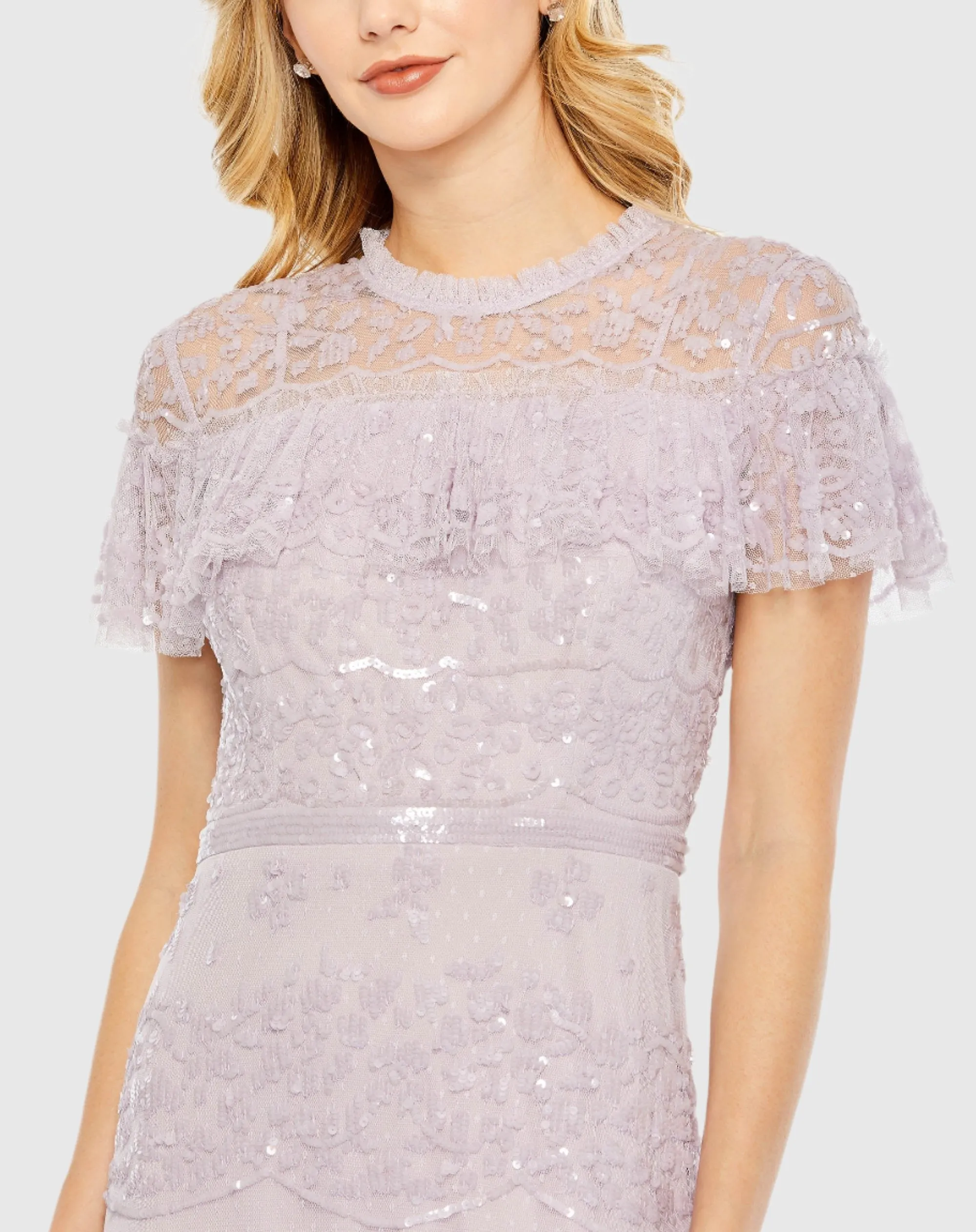 Embellished Cap Sleeve Ruffle Tiered Gown