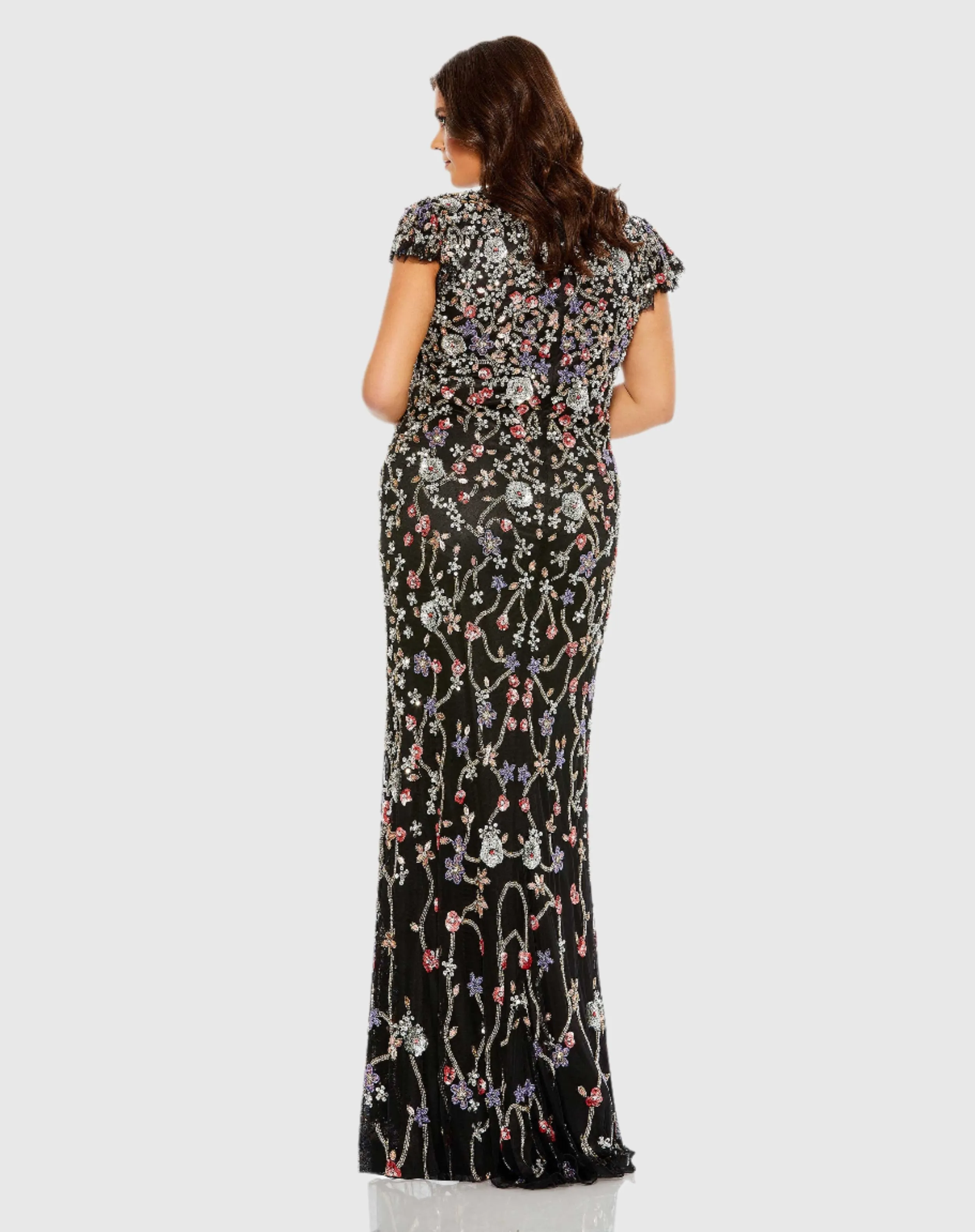 Embellished Flutter Cap Sleeve V Neck Gown