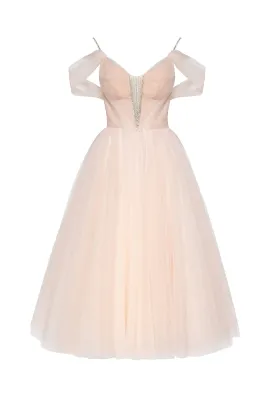 Feminine tulle cocktail dress with the light off-the-shoulder sleeves