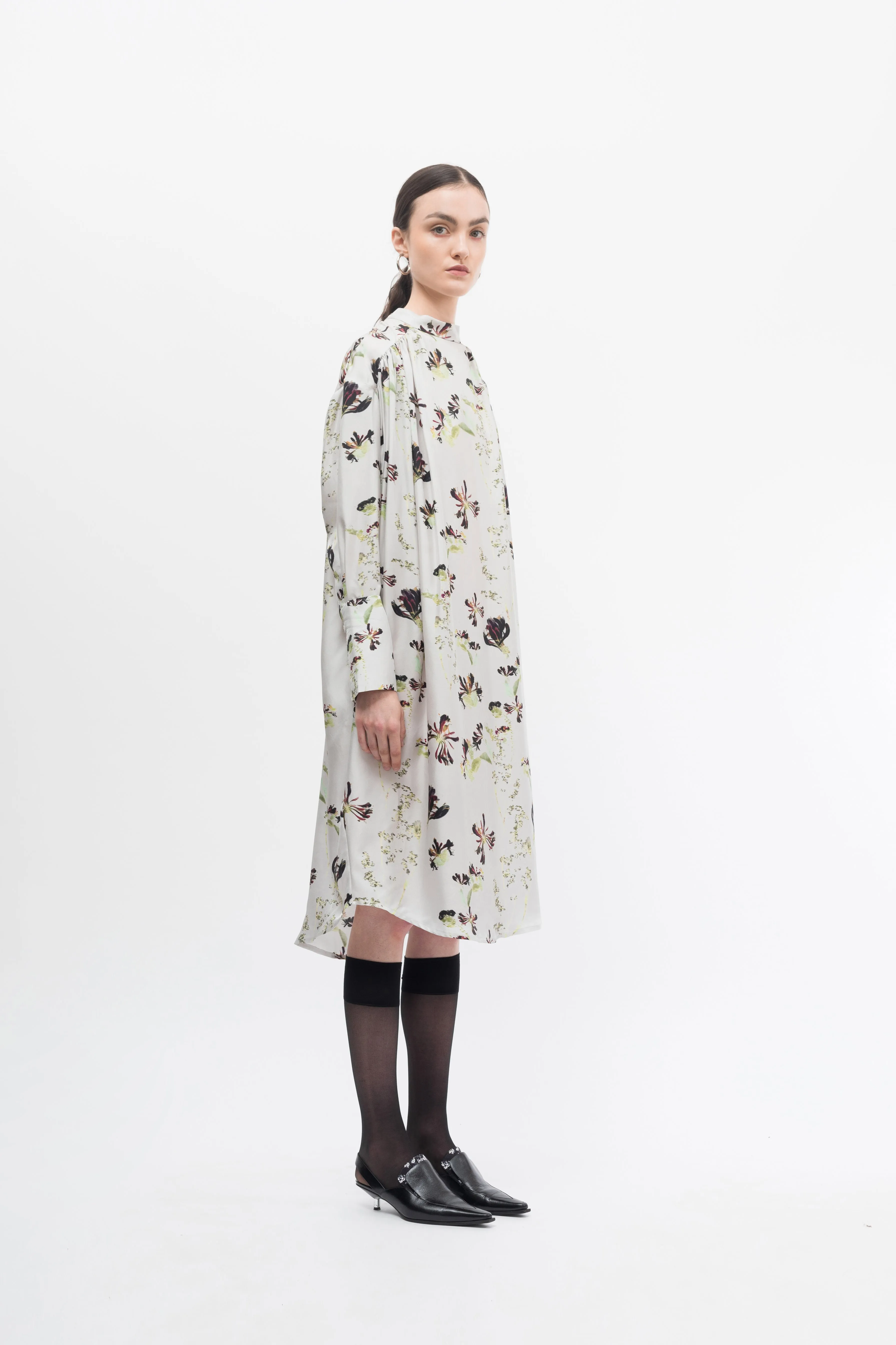 Gather Silk Print Shirt Dress