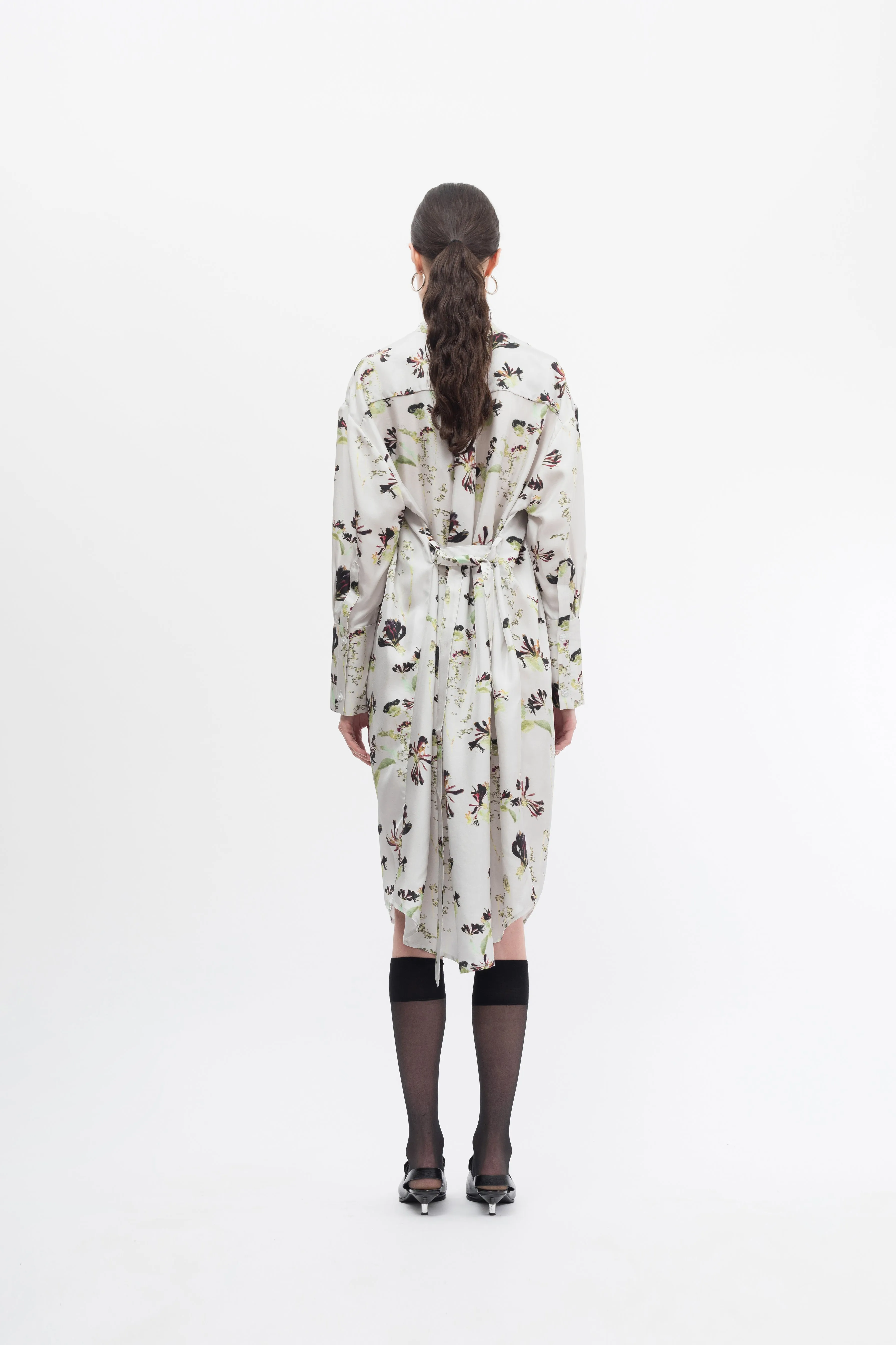 Gather Silk Print Shirt Dress