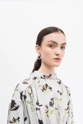 Gather Silk Print Shirt Dress