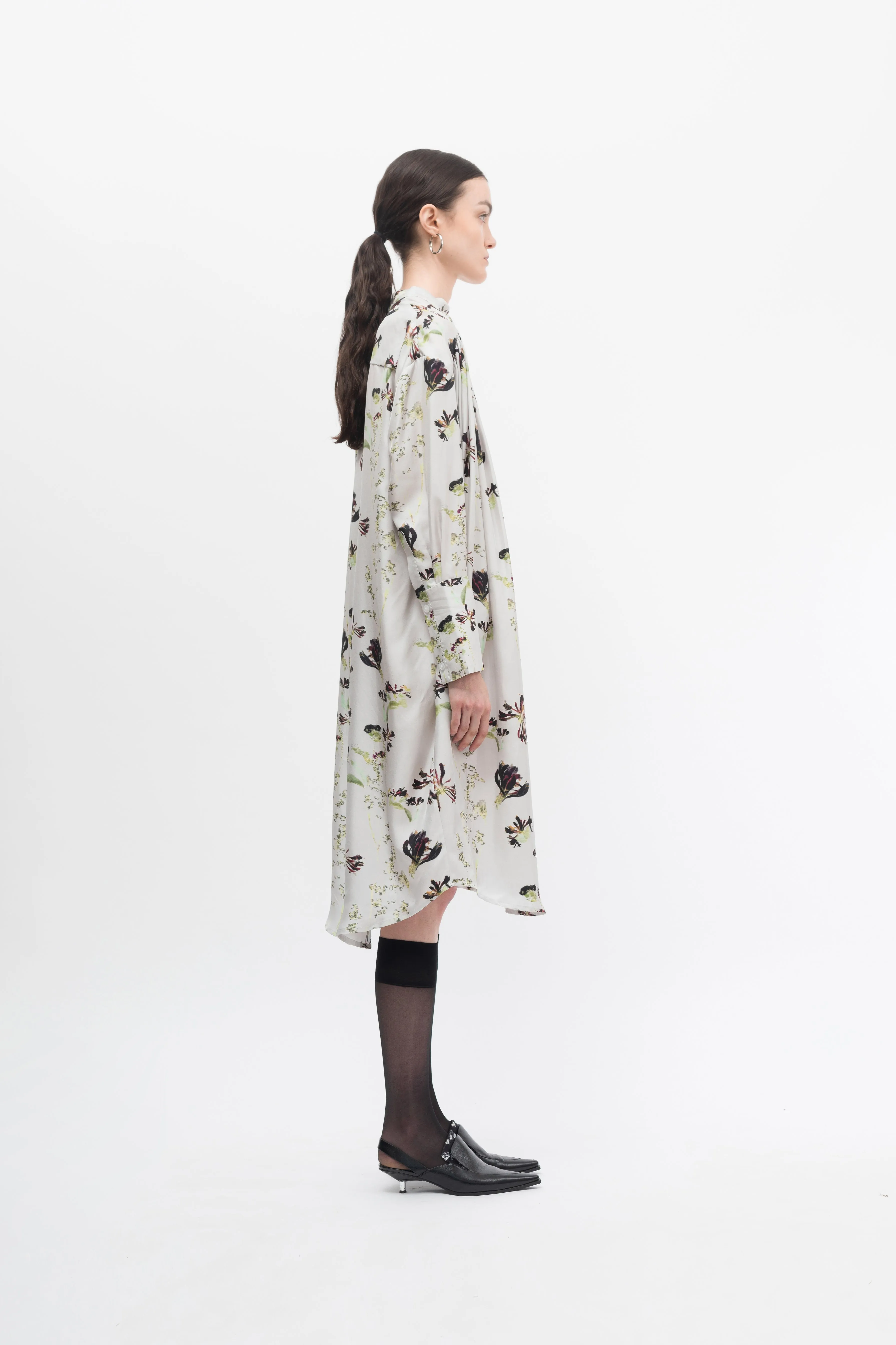Gather Silk Print Shirt Dress
