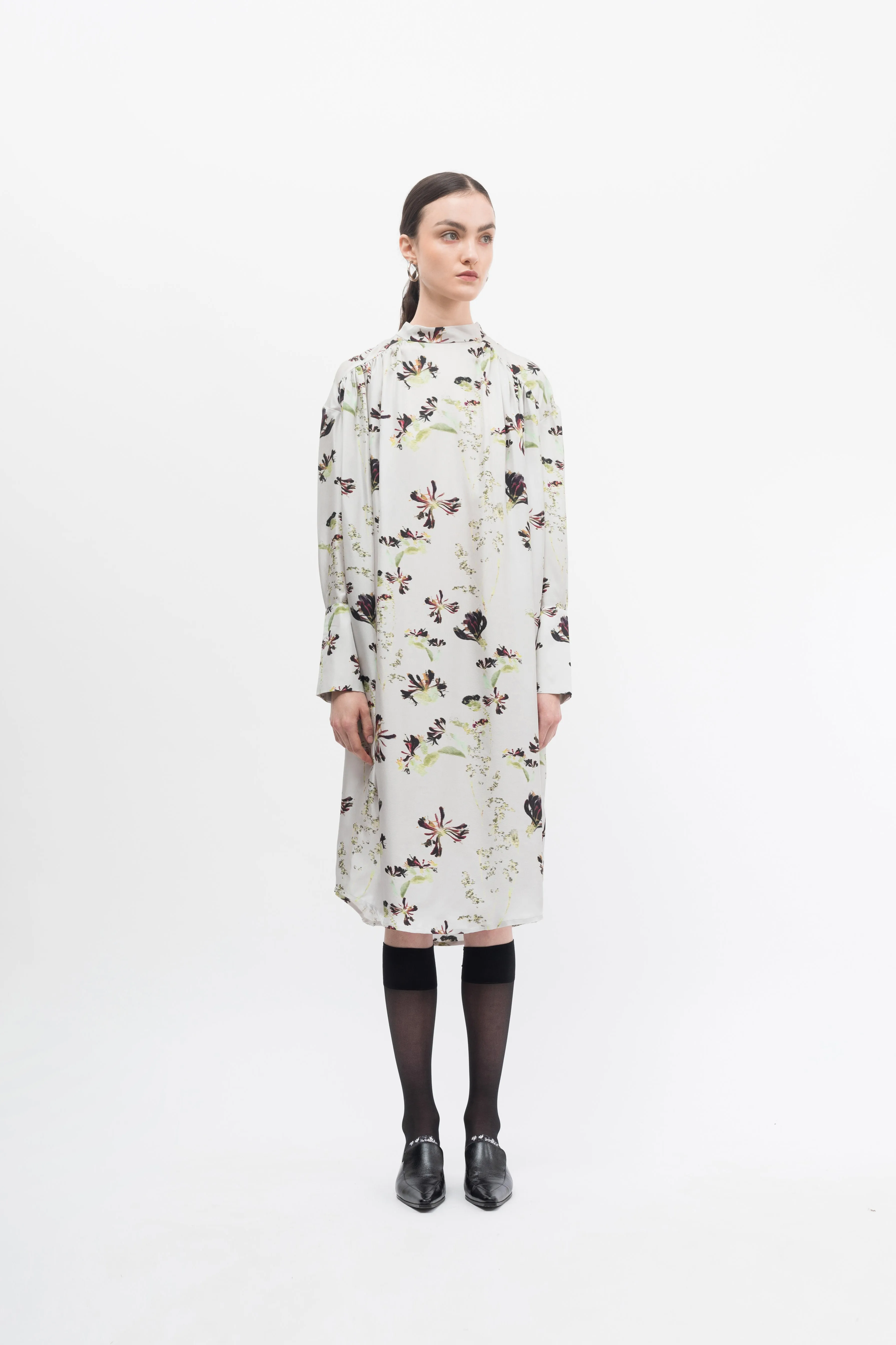 Gather Silk Print Shirt Dress