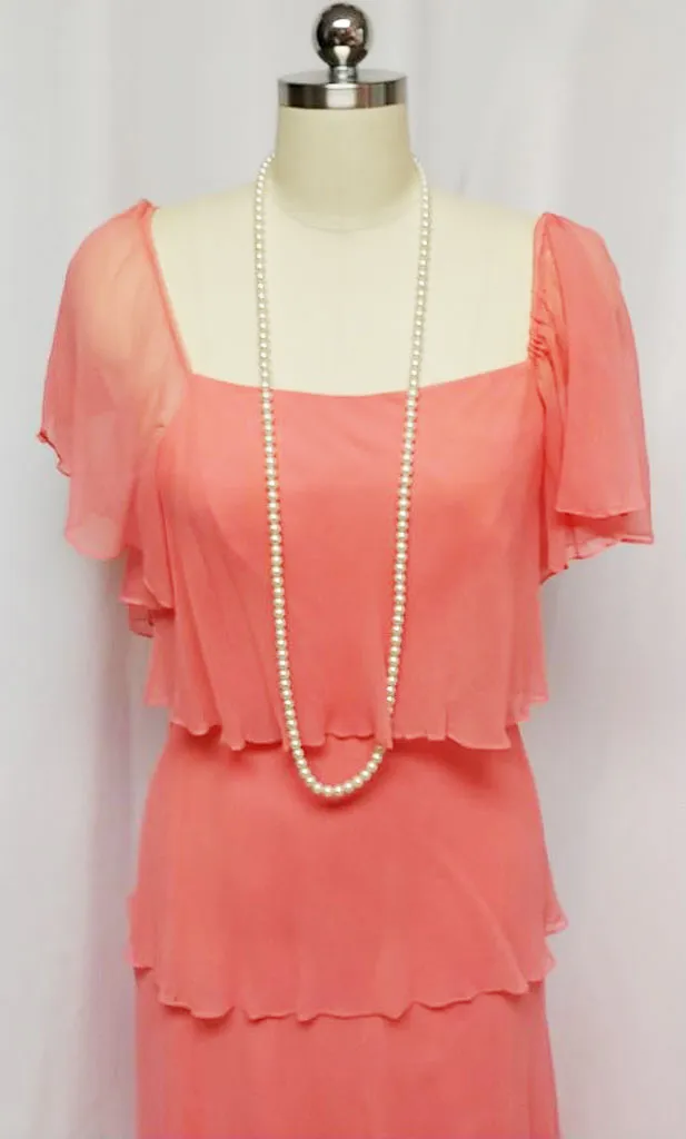 *GLAMOROUS VINTAGE '60s / '70s 5-TIER TITANIC-LOOK CHIFFON EVENING GOWN IN APRICOT