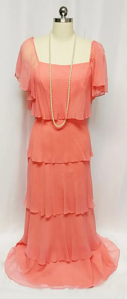 *GLAMOROUS VINTAGE '60s / '70s 5-TIER TITANIC-LOOK CHIFFON EVENING GOWN IN APRICOT
